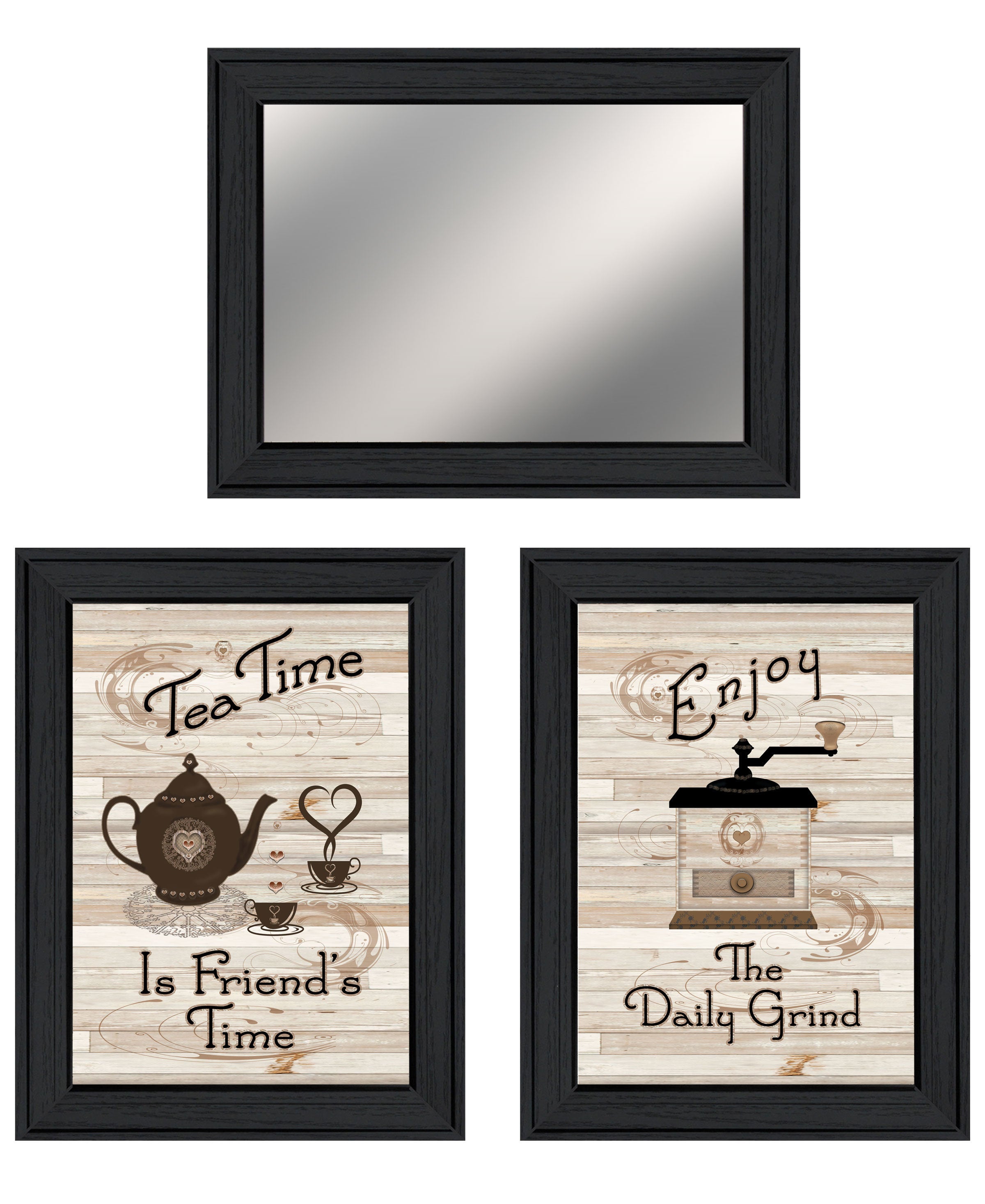 "Enjoy Tea Time" 3-Piece Vignette By Trendy Decor 4U, Ready to Hang Framed Print, Black Frame