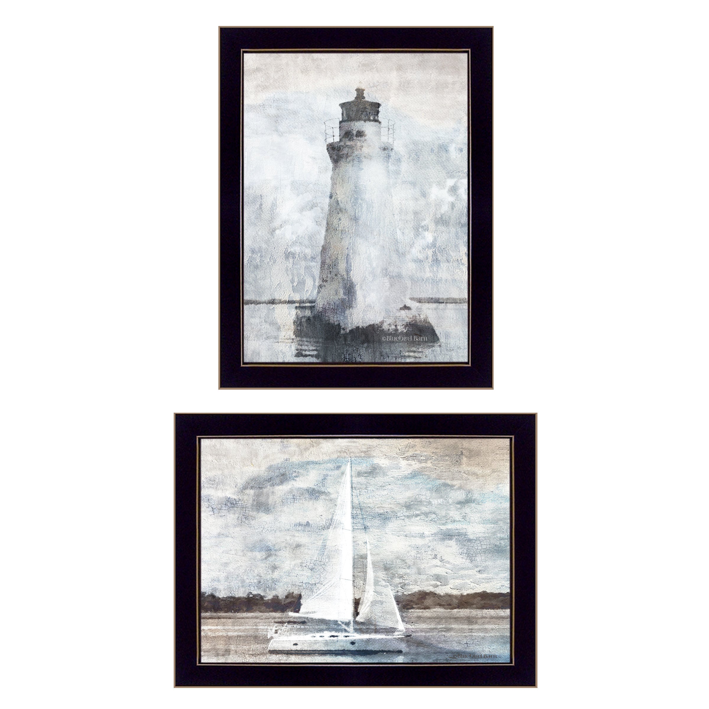 "Lighthouse Sailboat" 2-Piece Vignette By Bluebird Barn, Ready to Hang Framed Print, Black Frame