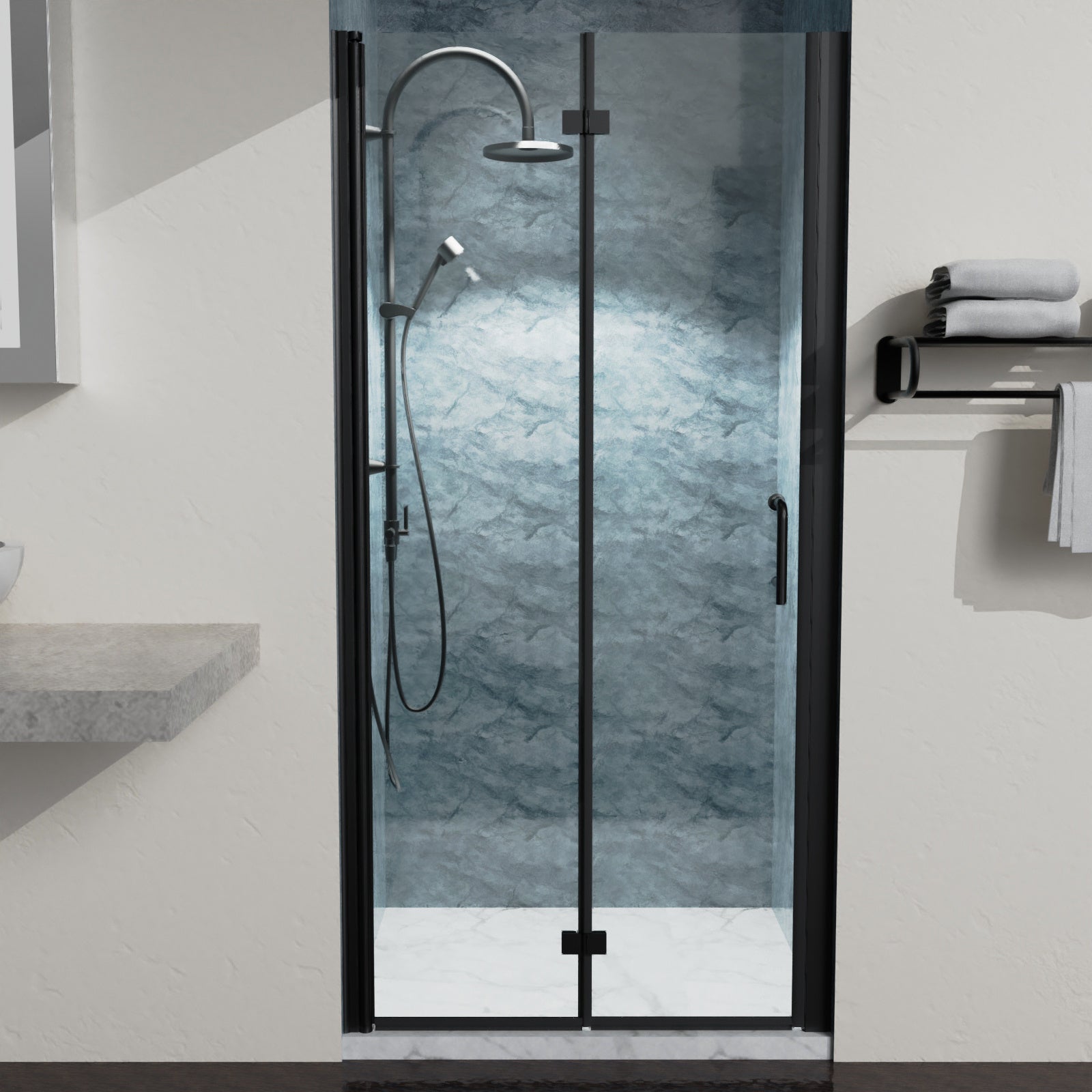 36 to 37-3/8 in. W x 72 in. H Bi-Fold Semi-Frameless Shower Doors in Matte Black with Clear Glass