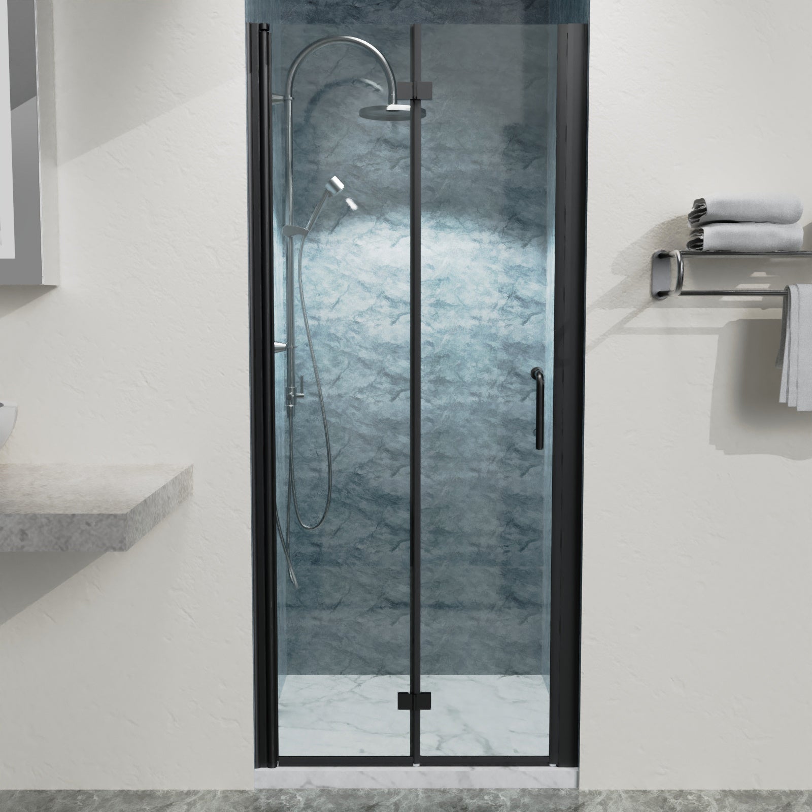 32 to 33-3/8 in. W x 72 in. H Bi-Fold Semi-Frameless Shower Doors in Matte Black with Clear Glass