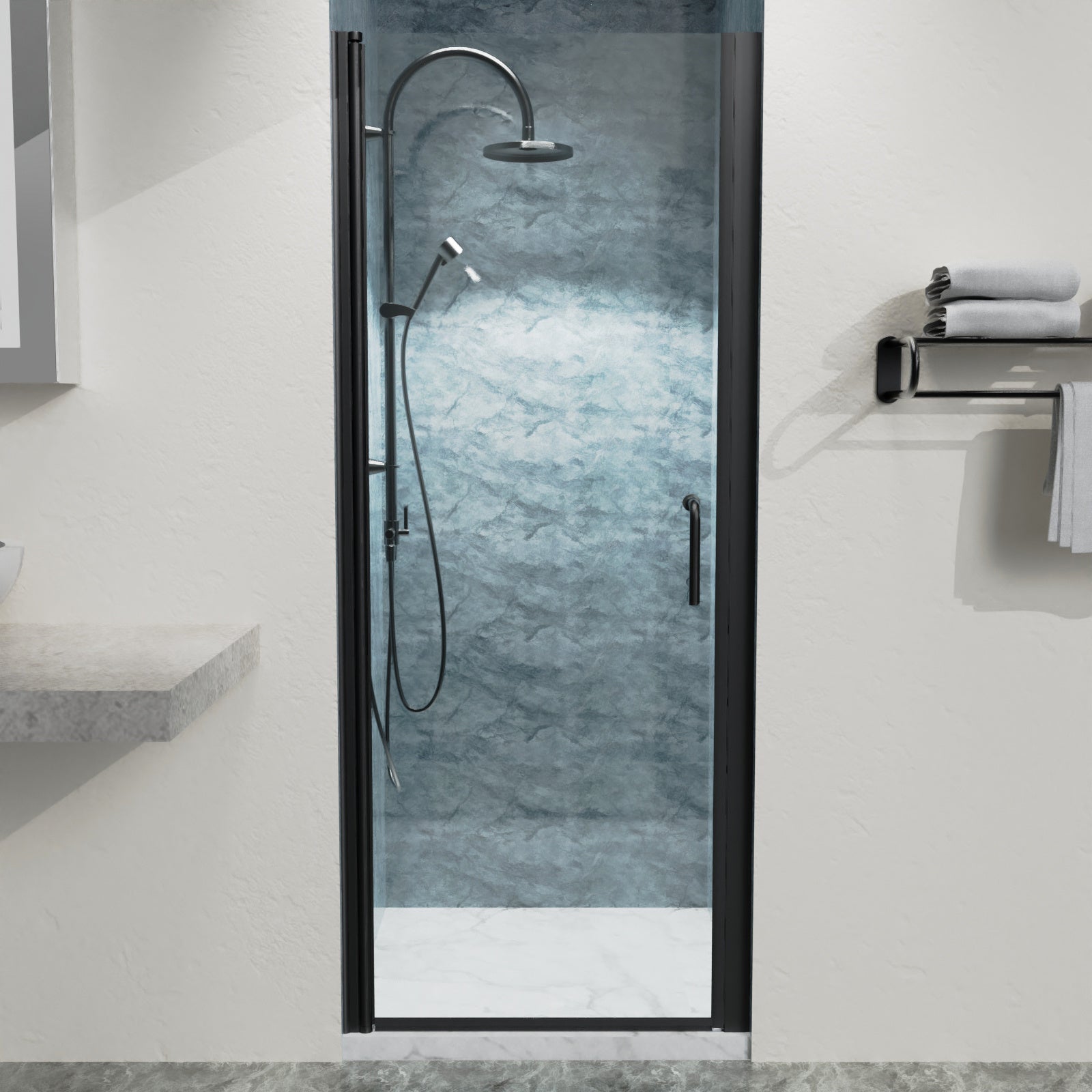 30 In. to 31-3/8 In. x 72 In. Semi-Frameless Pivot Shower Door in Matte Black With Clear Glass