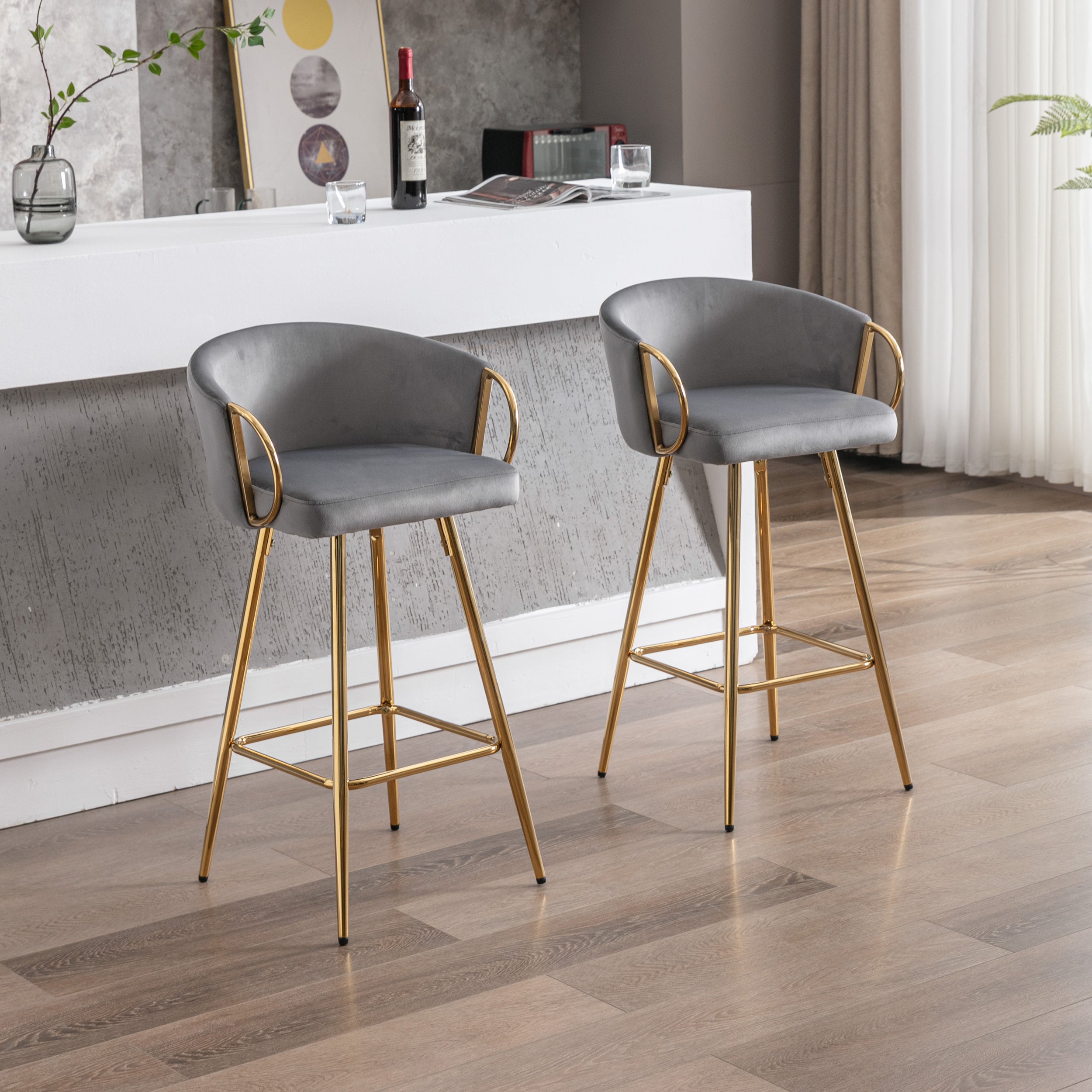 26 Inch Set of 2 Bar Stools,with Chrome Footrest and Base Velvet + Golden Leg Simple Bar Stool,GRAY