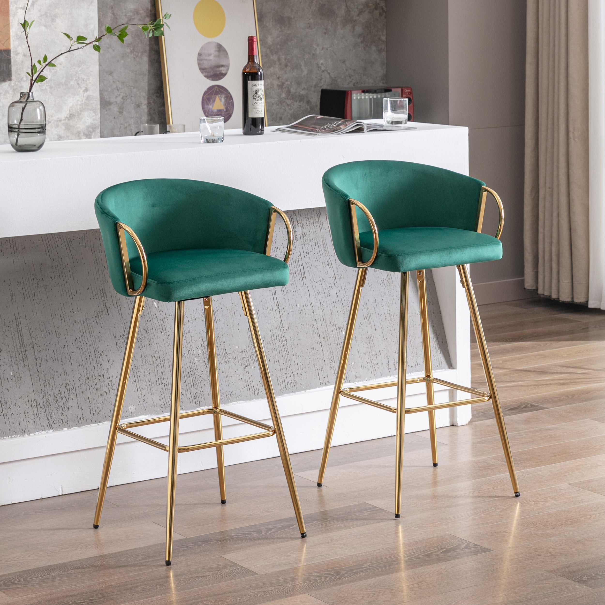 26 Inch Set of 2 Bar Stools,with Chrome Footrest and Base Velvet + Golden Leg Simple Bar Stool,GREEN