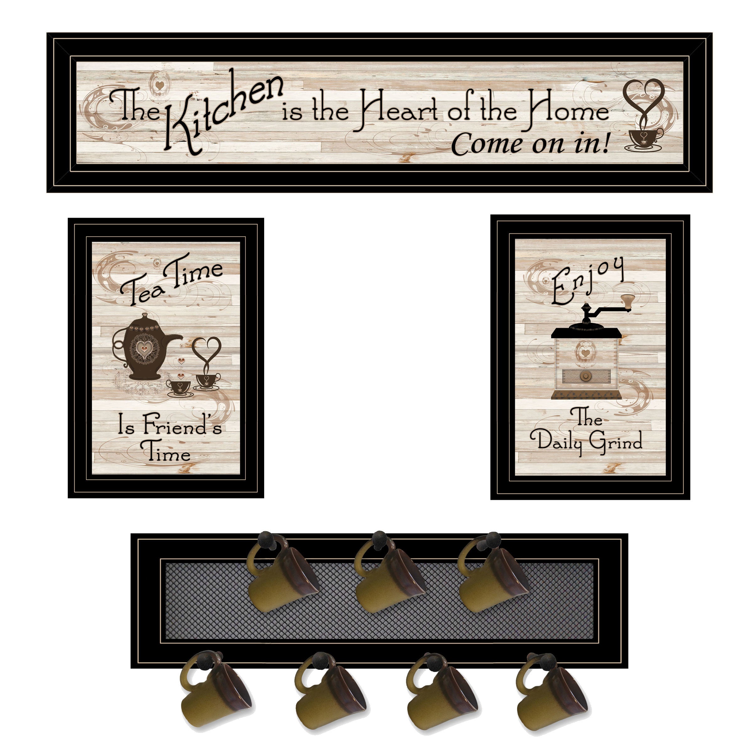 "Kitchen Collection IV" 4-Piece Vignette with 1-(7Pegs) Mug Rack, Black Frame