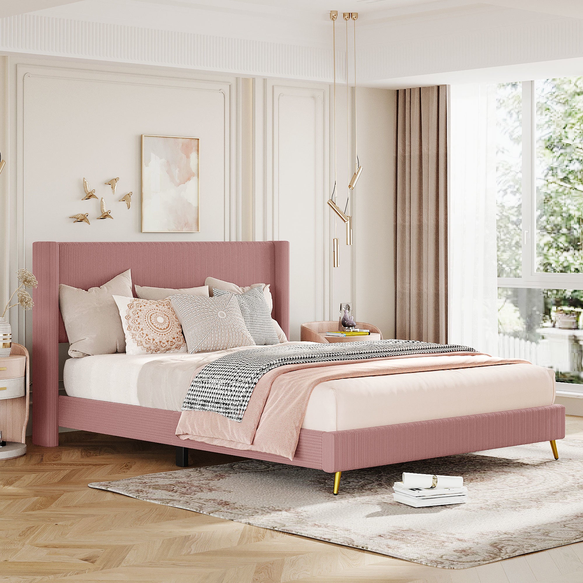 Queen Size Corduroy Platform Bed with Metal Legs, Pink