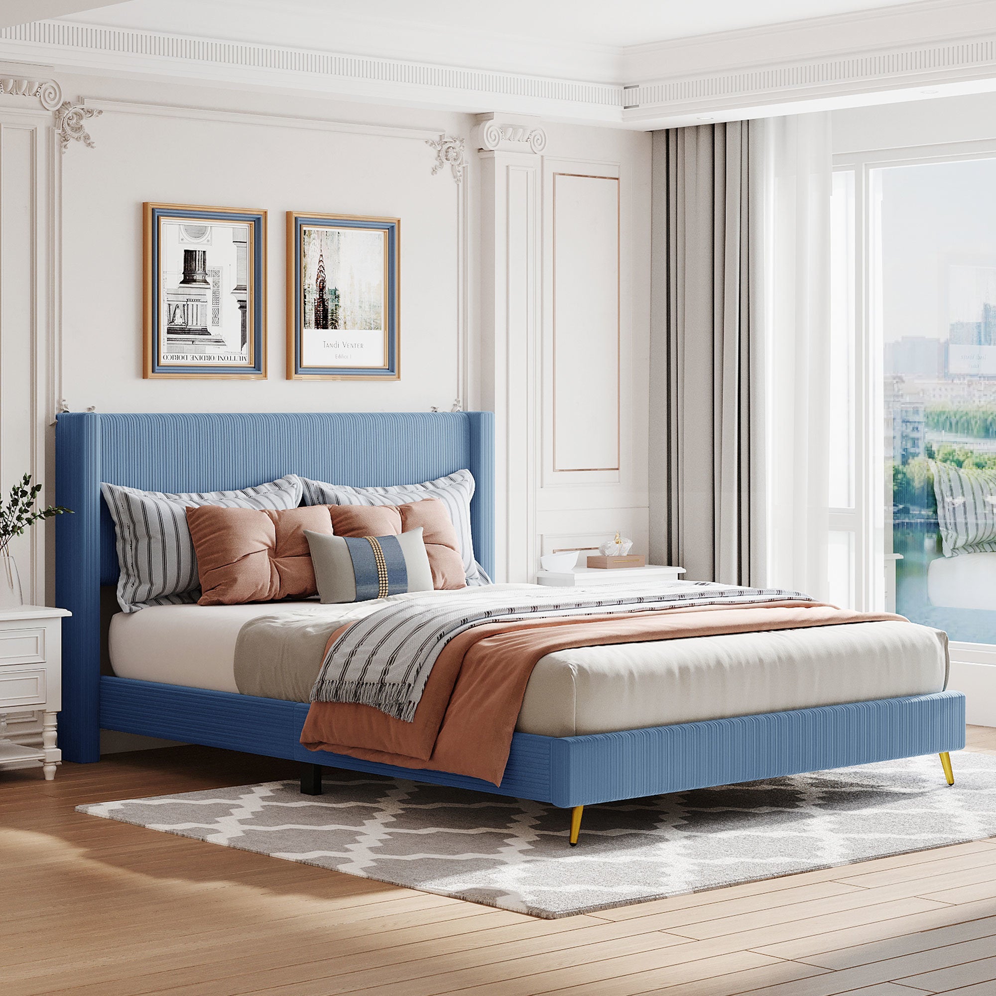 Queen Size Corduroy Platform Bed with Metal Legs, Blue