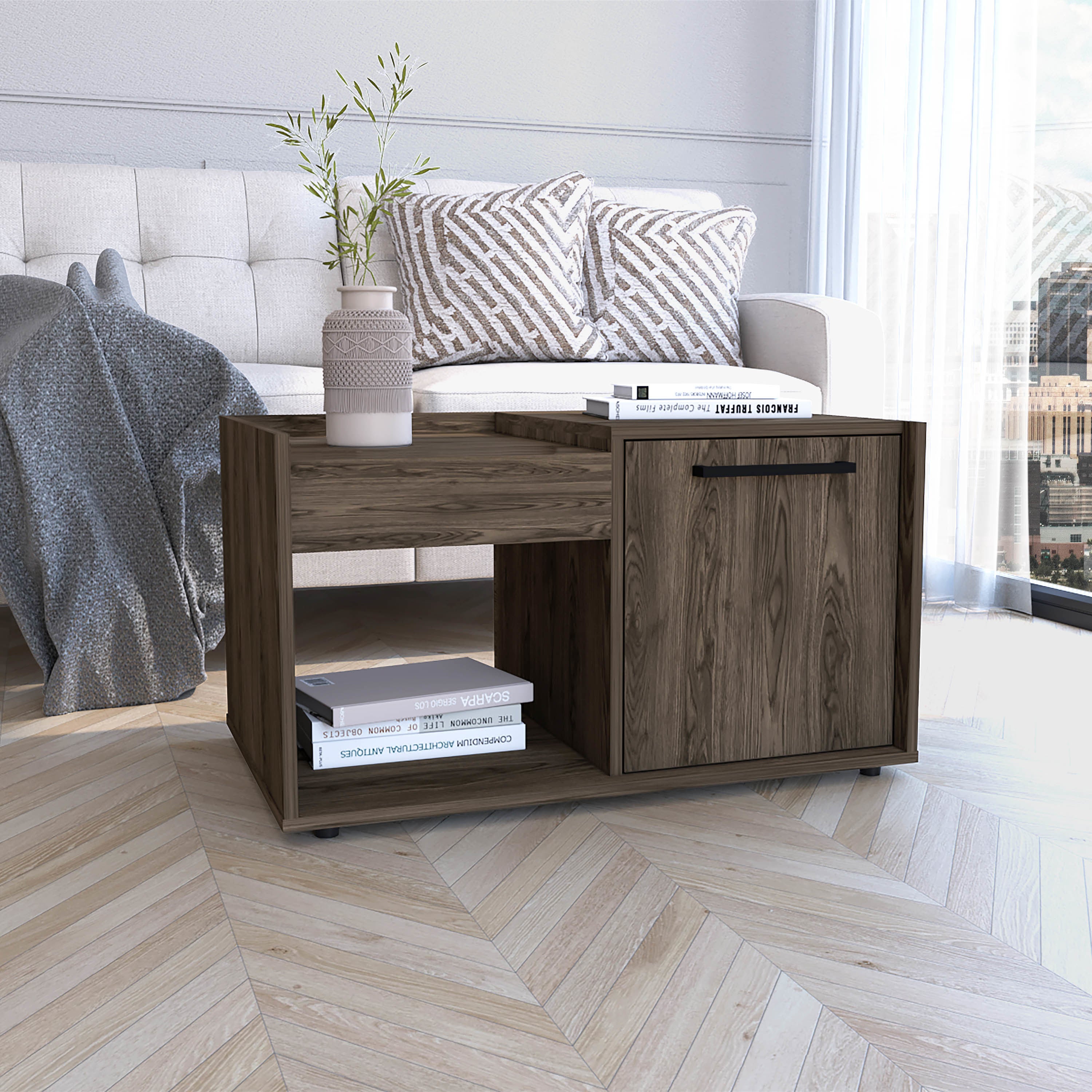 Lyon Coffee Table; Single Door Cabinet; One Open Shelf -Dark Walnut