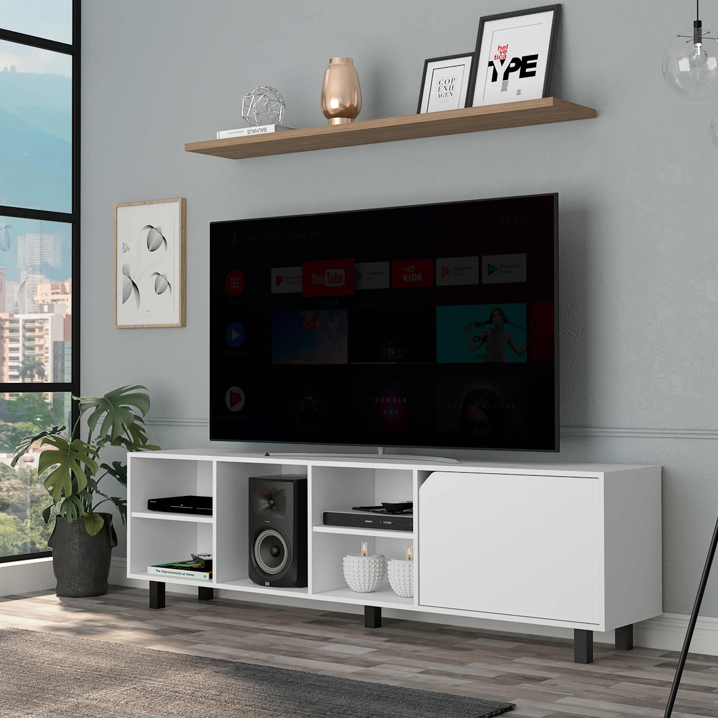 Valdivia Tv Stand for TV´s up 70"; Four Open Shelves; Five Legs -White