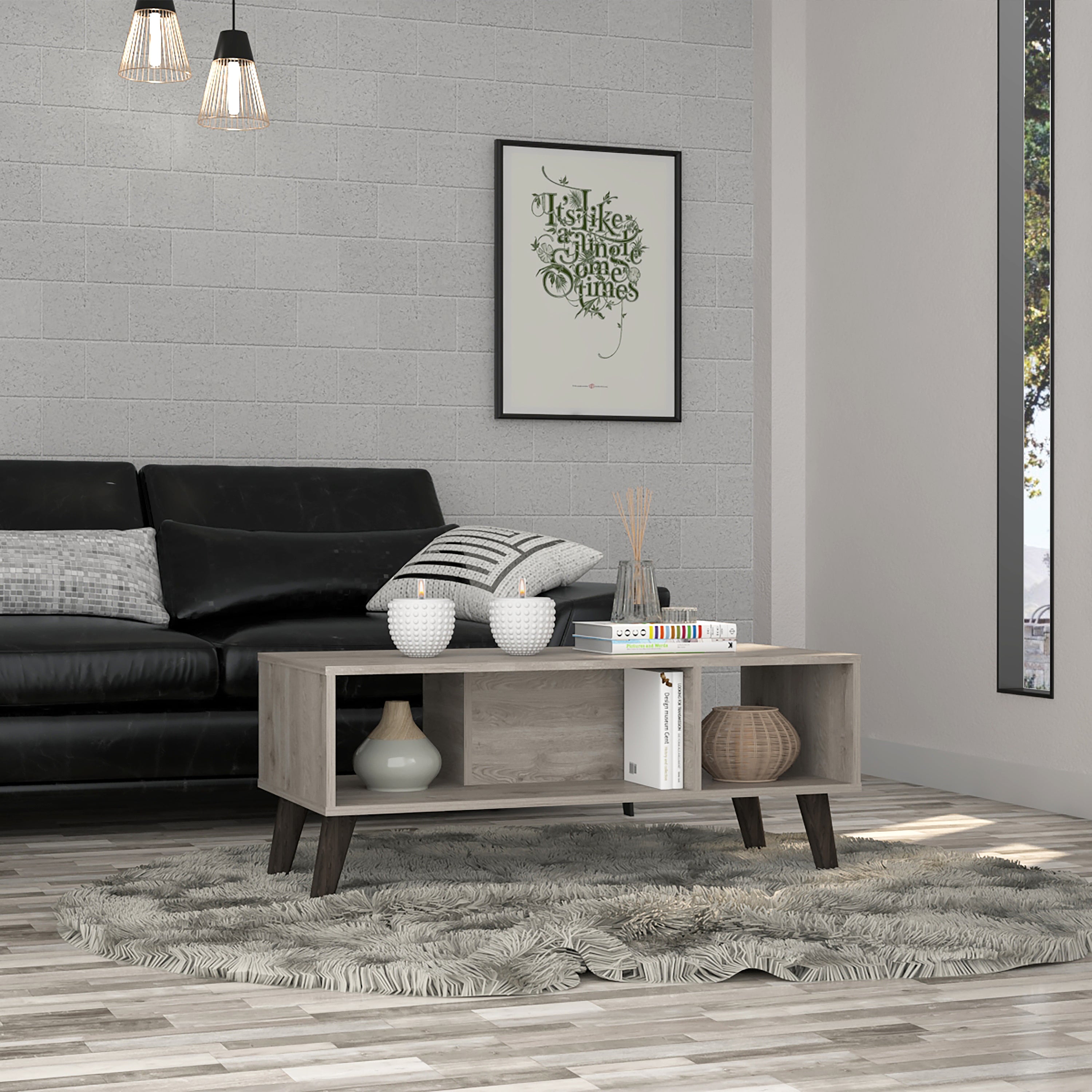 Cincinatti Z Coffee Table; Two Open Shelves; Four Legs -Light Gray