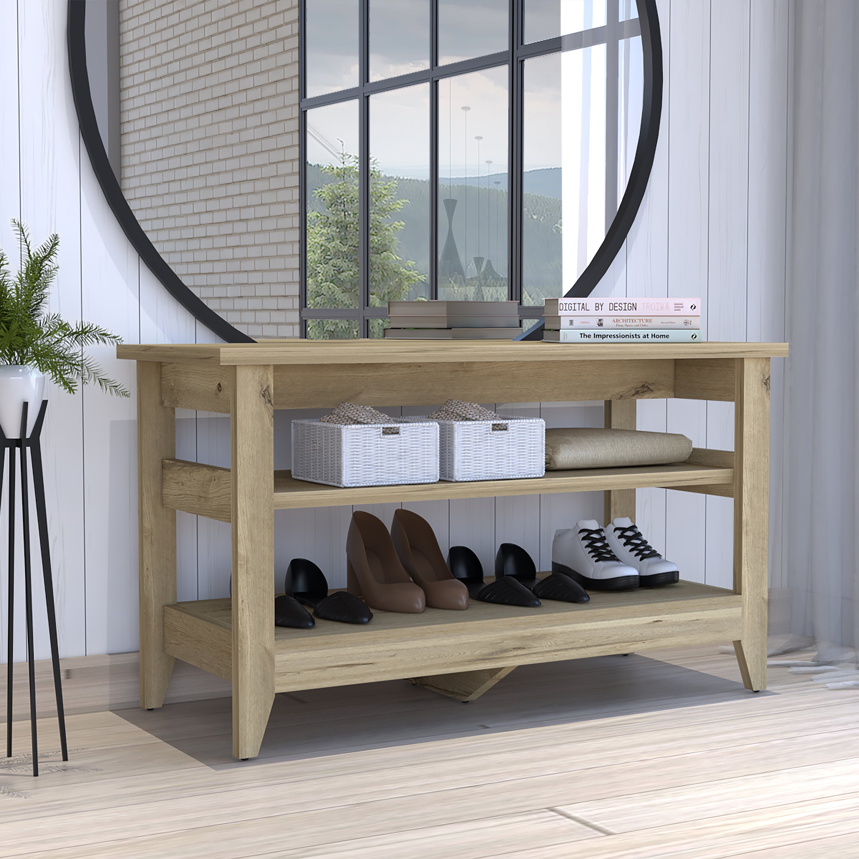 Misuri Storage Bench; Four Legs; Two Open Shelves -Light Oak