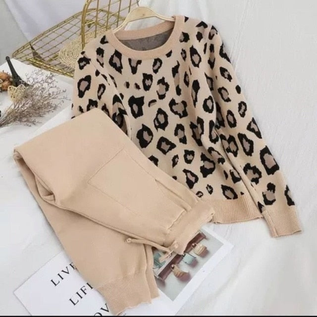 Two-Piece Casual Knitted Long-Sleeved Pants Printed Beaded Pullover Double Pocket Lace Pants