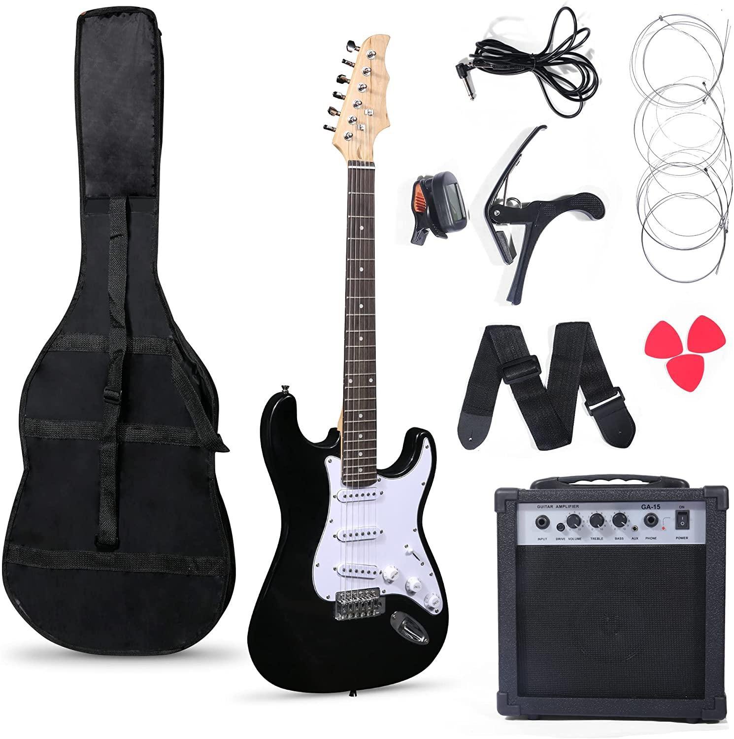 39 Inch Electric Guitar Starter Kit for Teenager and Adult;  Full-size Beginner Guitar with 10 W Amplifier;  Carrier Bag;  Tuner;  Strings;  Picks;  C