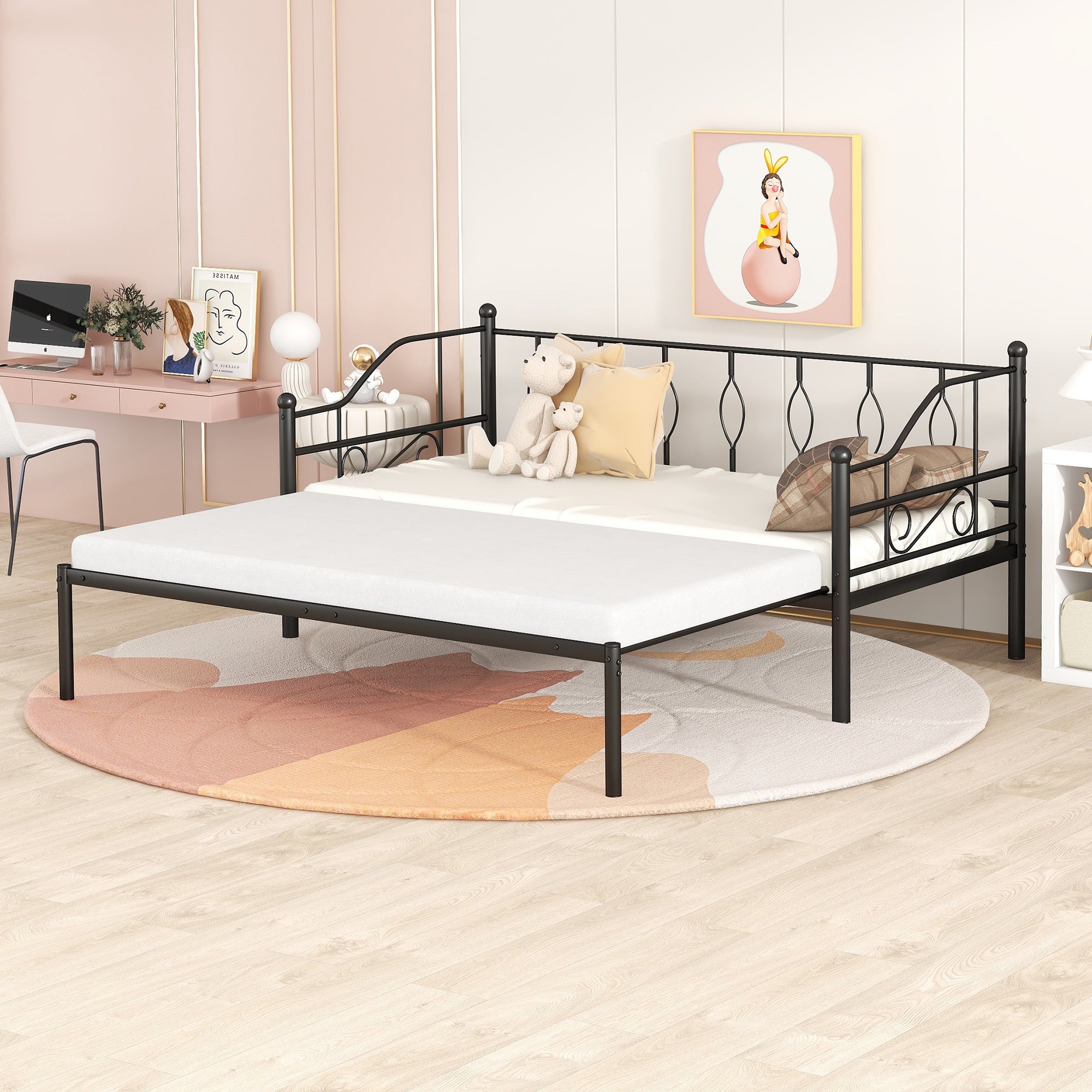 Twin Size Metal Daybed with Trundle, Daybed with Slat No Box required Black