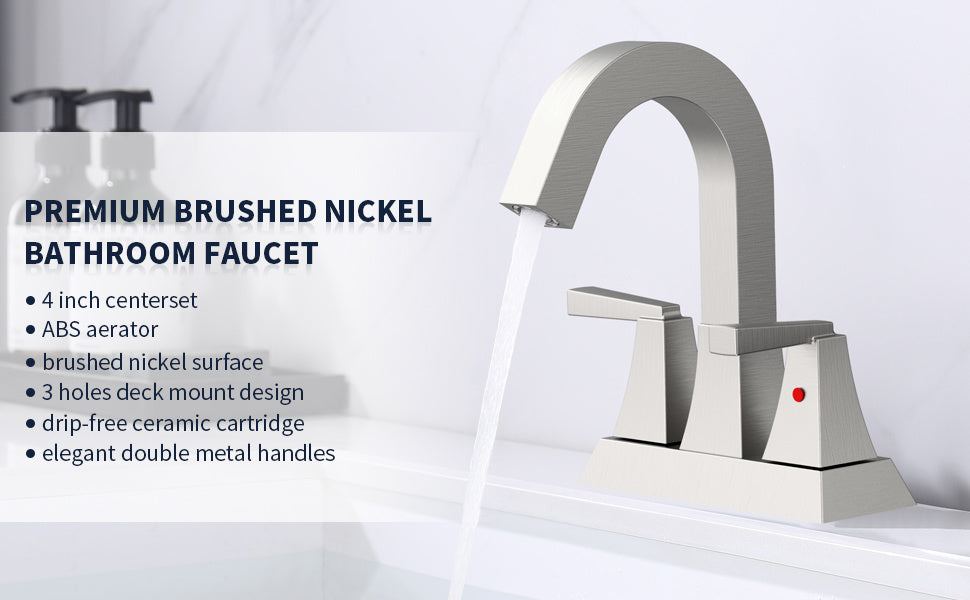 Bathroom Sink Faucet Brushed Nickel 2-Handle 4 Inch Center-Set Bathroom Sink Faucet, Sink Drain with Overflow Hole and 2 Supply Lines Included, Modern Vanity Basin Faucet