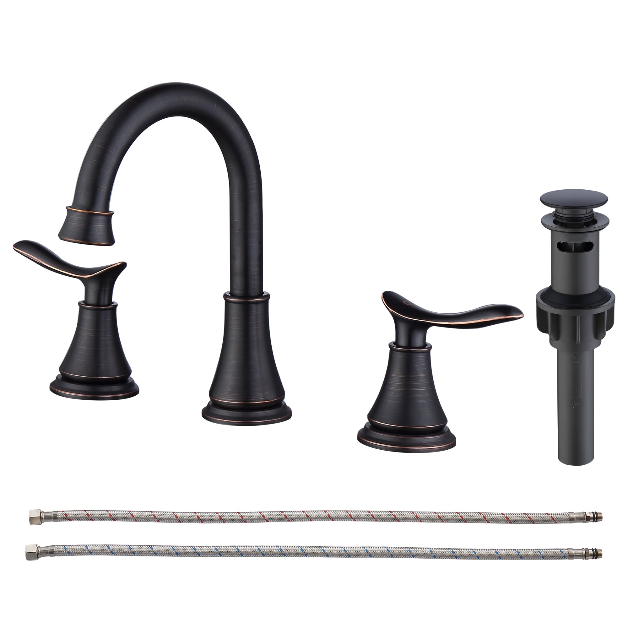 2-Handle 8 inch Widespread Bathroom Sink Faucet Oil Rubbed Bronze Lavatory Faucet 3 Hole 360° Swivel Spout Vanity Sink Basin Faucets with Pop Up Drain Assembly and cUPC Water Supply Hoses