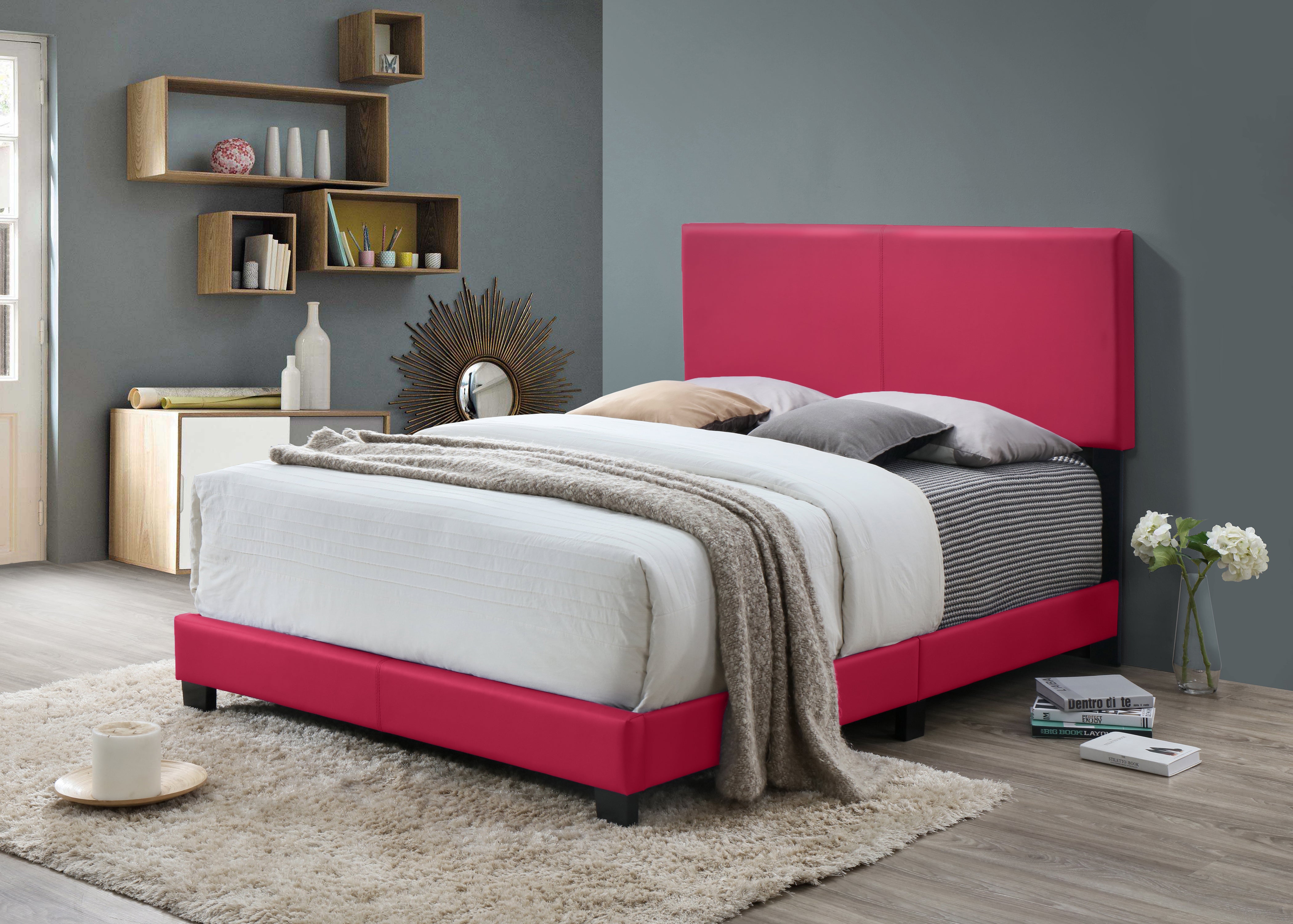 1pc Modern Beautiful Pink Full Size Bedroom Platform Bed Frame PU Fabric