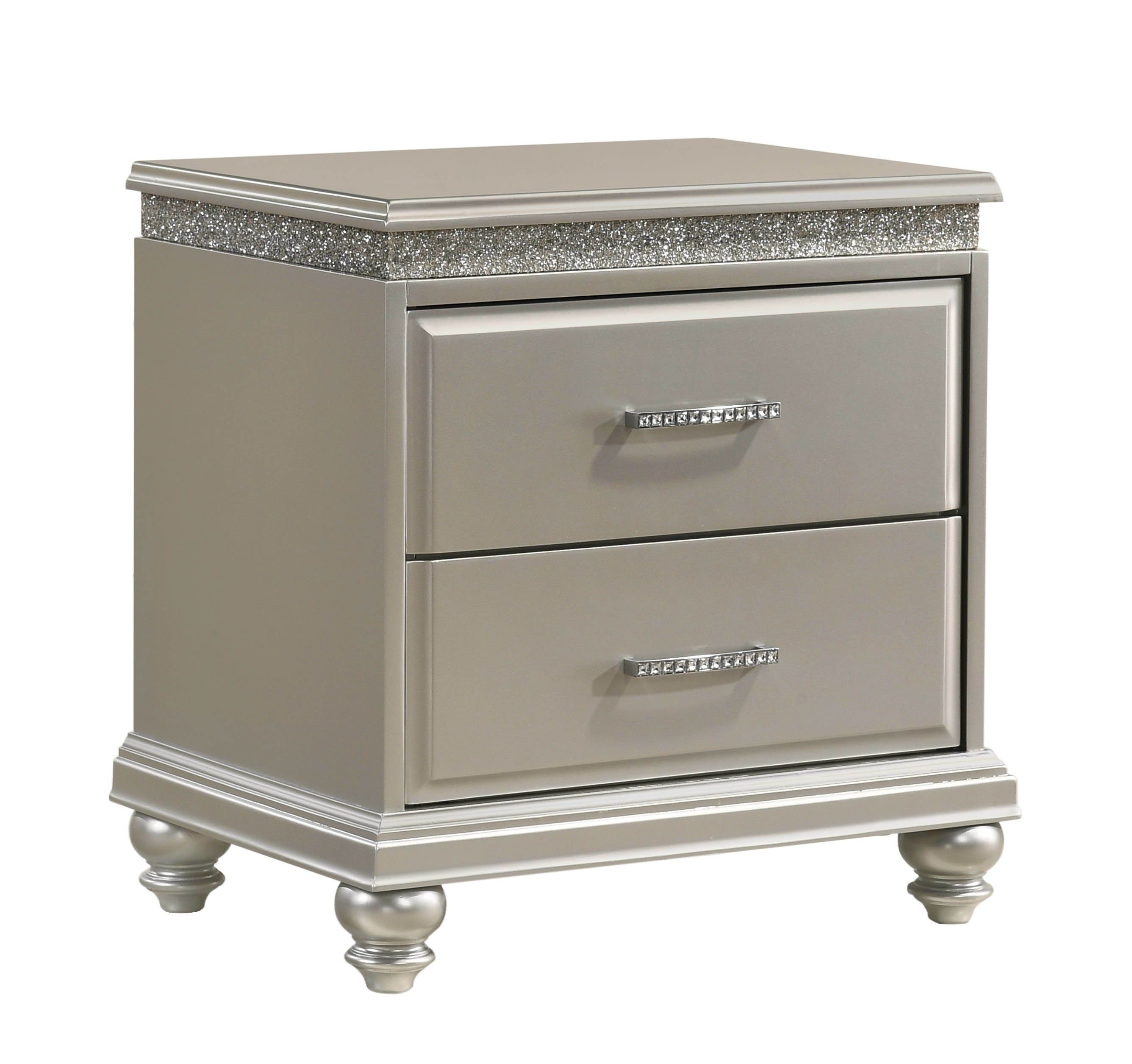 Traditional 1-Pc Glam Style Nightstand with Two Storage Drawers and Bun Feet Champagne Finish Solid Wood Bedroom Furniture