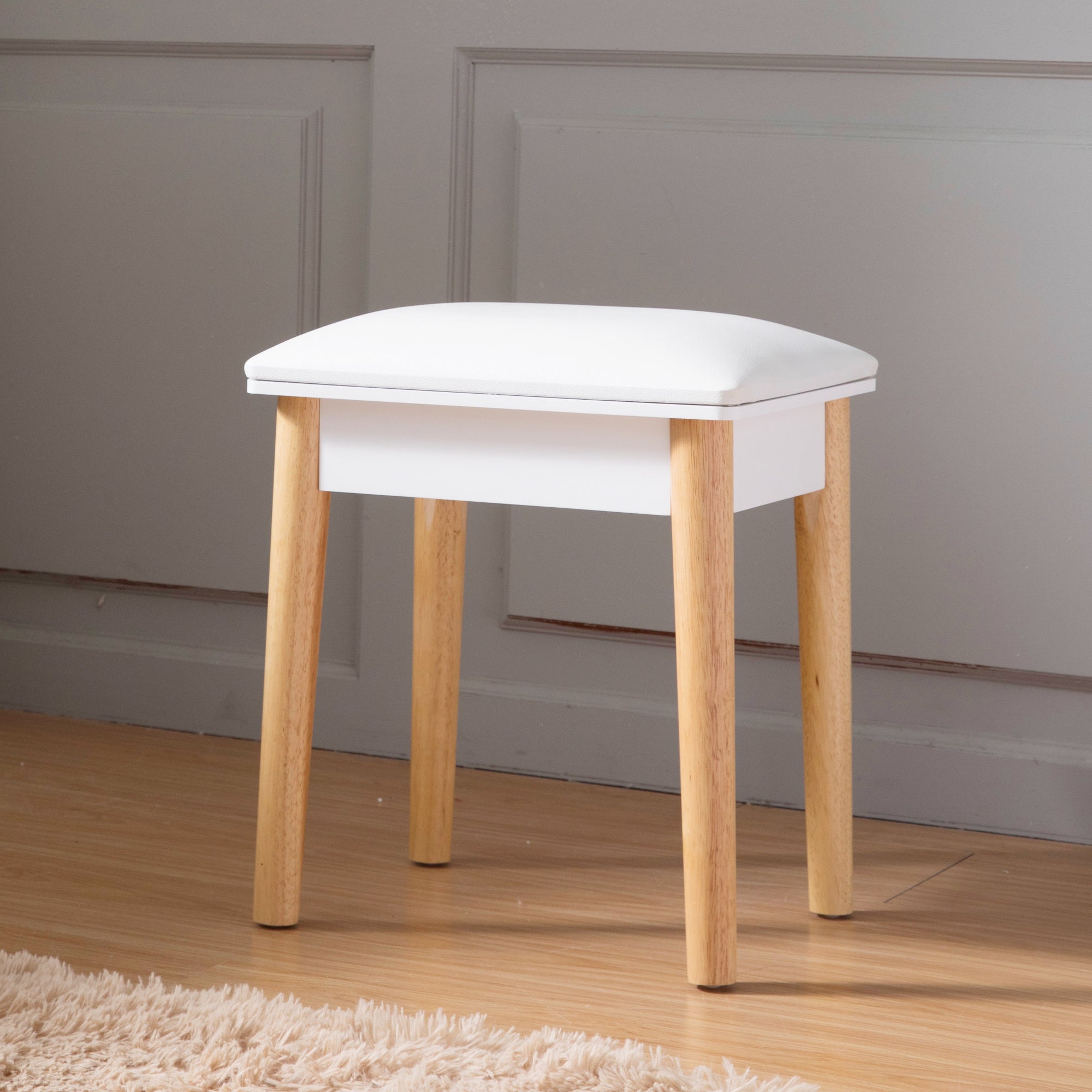 Wooden Vanity Stool Makeup Dressing Stool with PU Seat,White