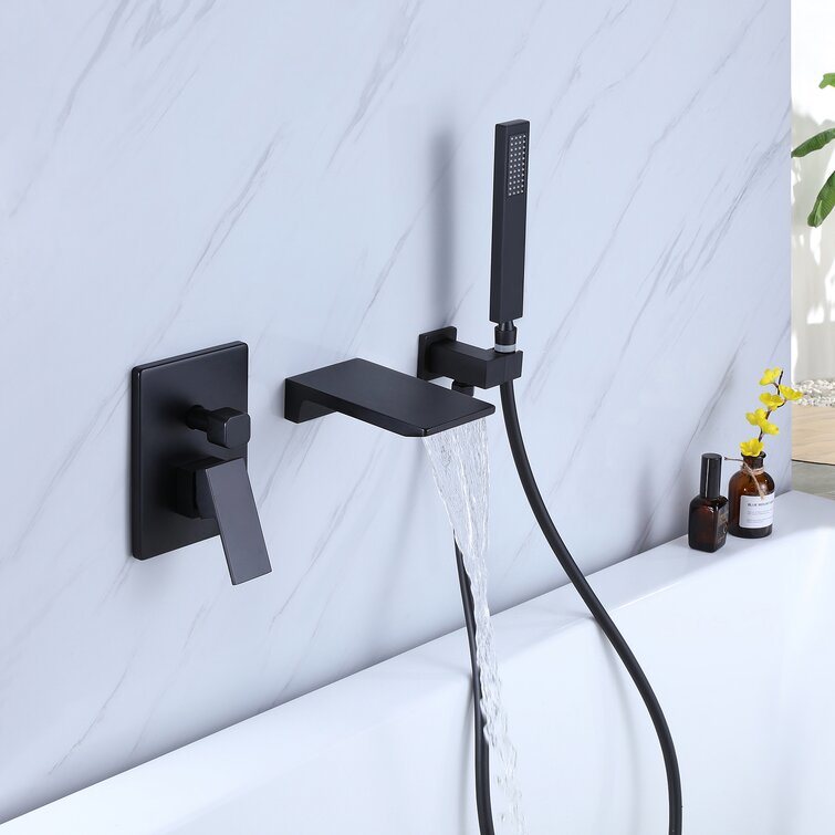 Wall Mount Tub Faucet Matte Black, Waterfall Wall Mount Tub Filler Faucet with Handheld Shower Brass, Bathtub Faucet Waterfall Spout High Flow