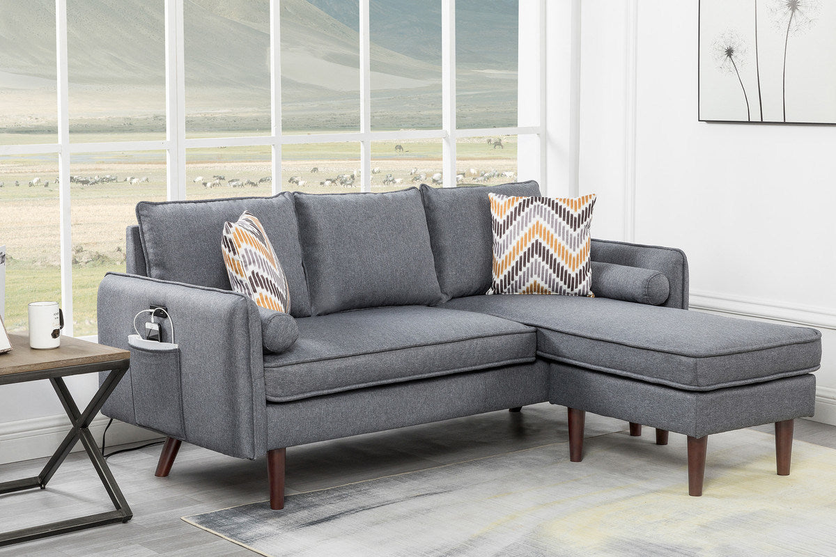 Mia 70" Gray Sectional Sofa Chaise with USB Charger & Pillows