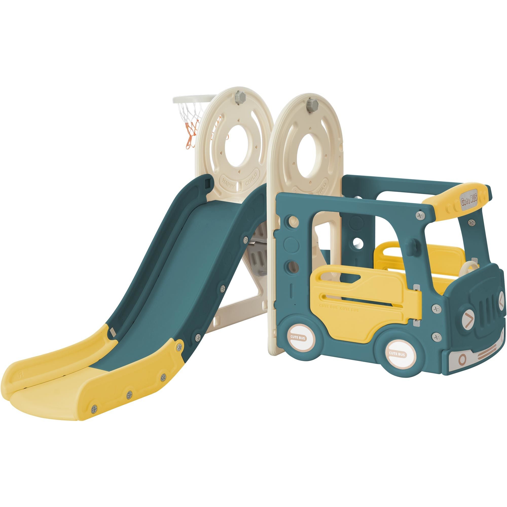 Kids Slide with Bus Play Structure, Freestanding Bus Toy with Slide for Toddlers, Bus Slide Set with Basketball Hoop