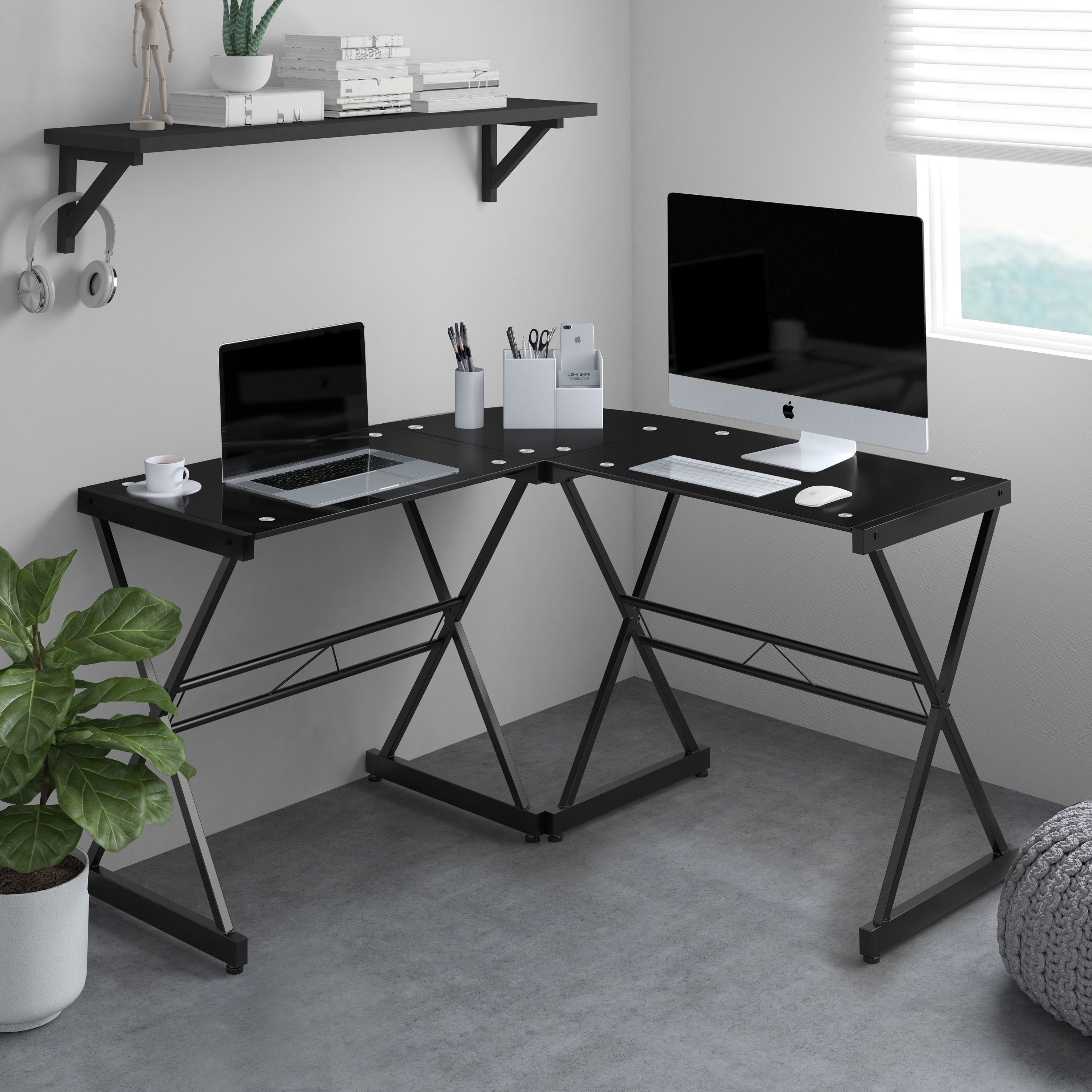 Techni Mobili L-Shaped Glass Computer Desk, Black