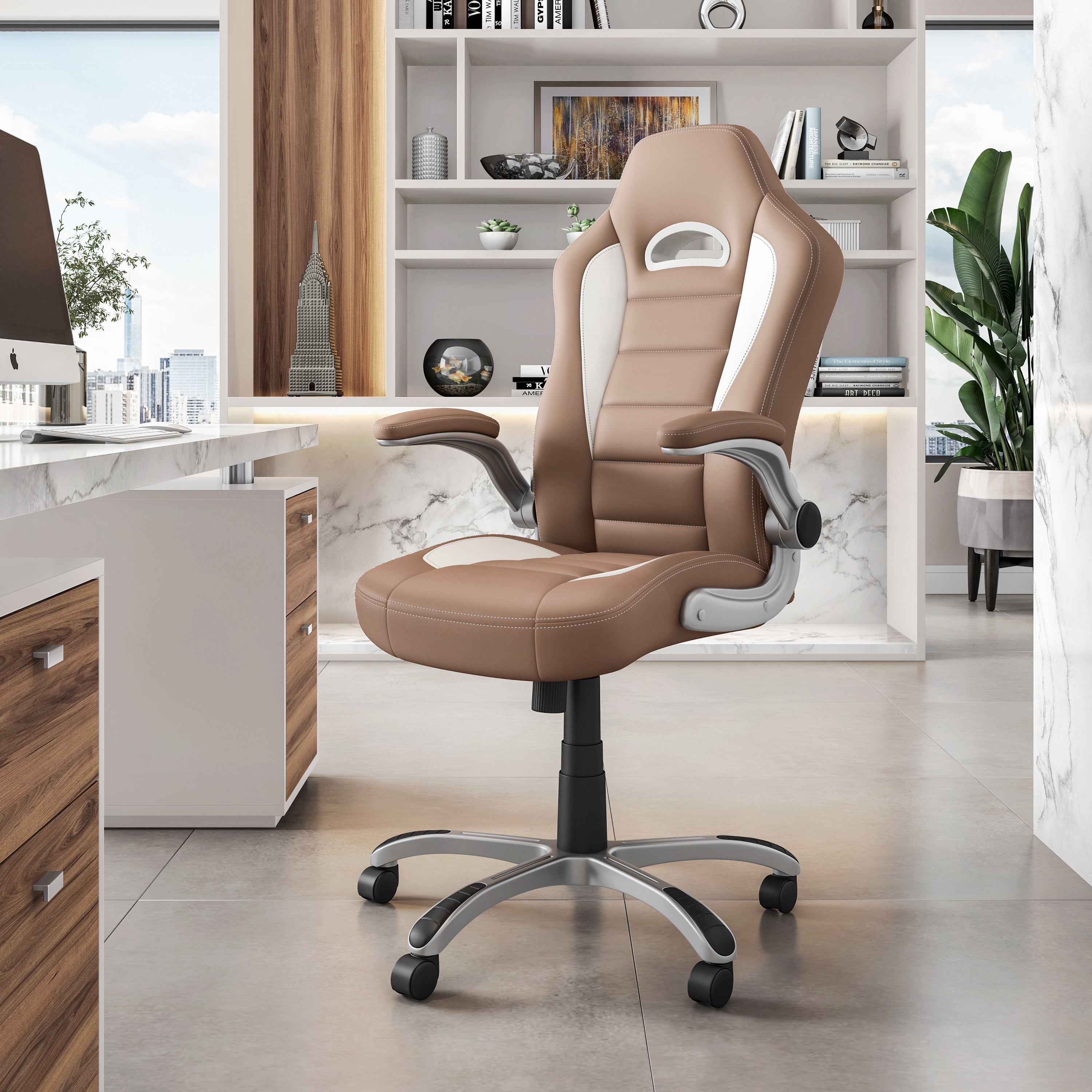 Techni Mobili High Back Executive Sport Race Office Chair with Flip-Up Arms, Camel