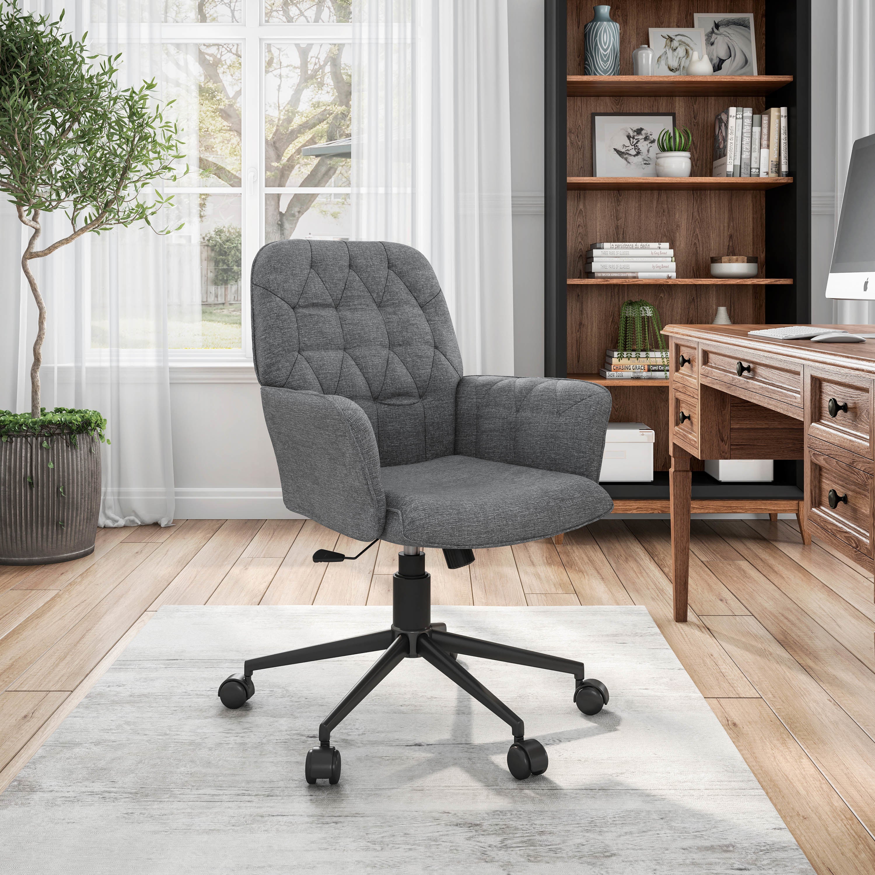 Techni Mobili Modern Upholstered Tufted Office Chair with Arms, Grey