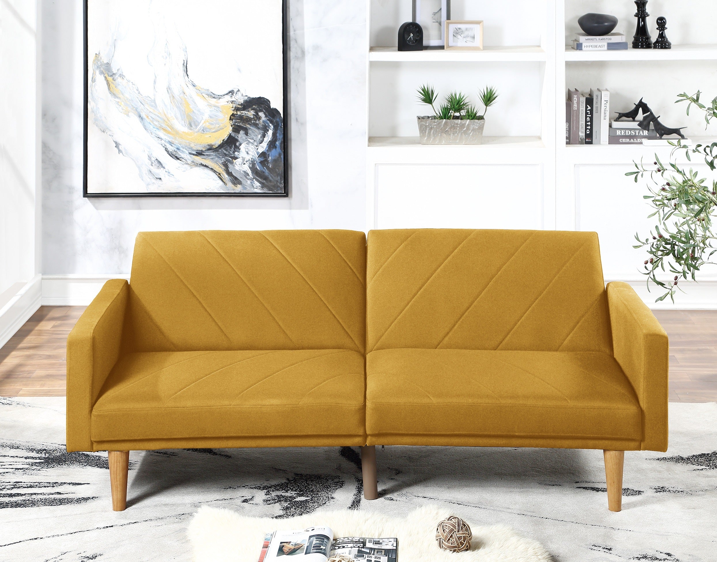 Modern Electric Look 1pc Convertible Sofa Couch Mustard Color Linen Like Fabric Cushion Wooden Legs Living Room