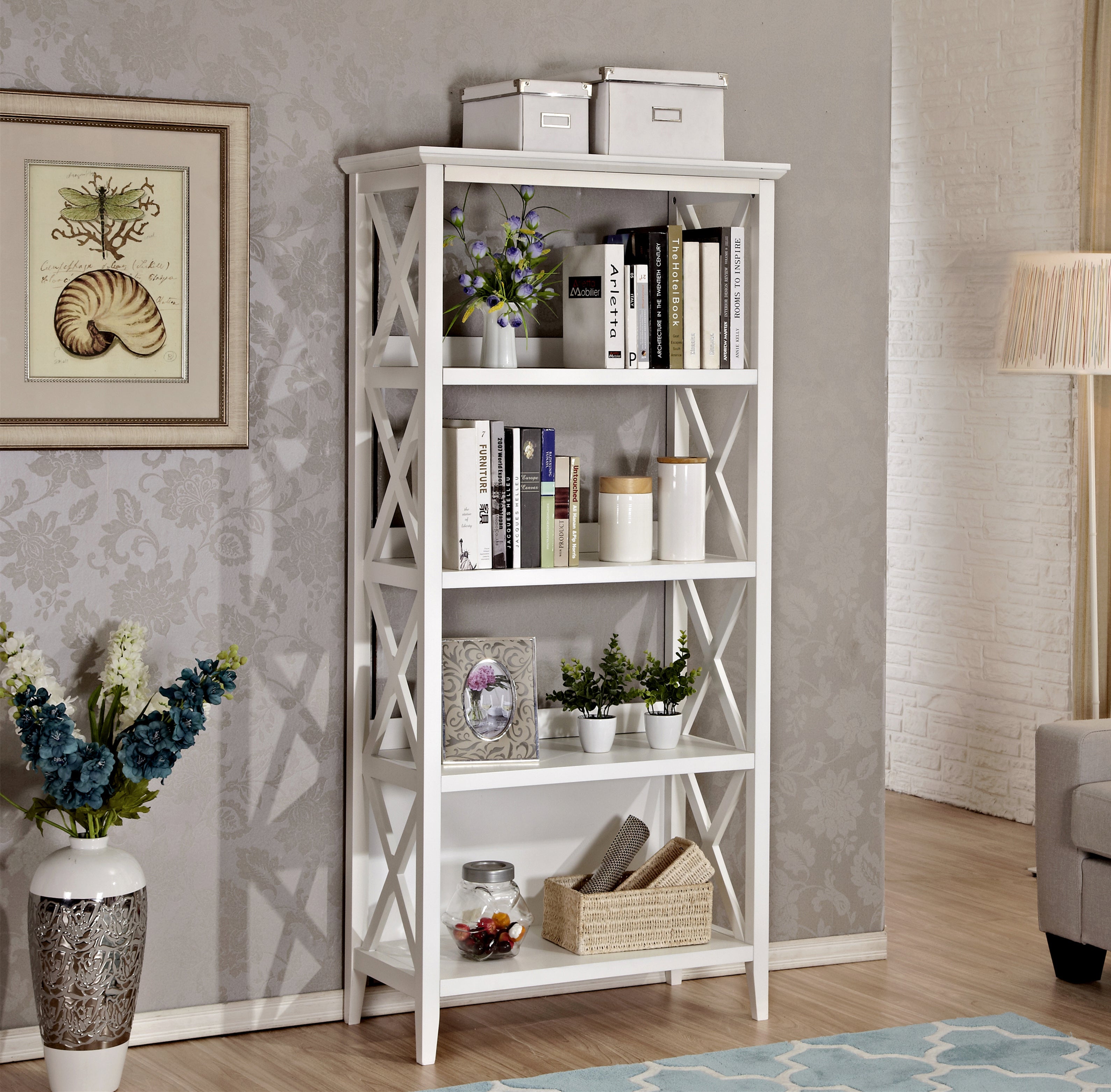 4 Tier Bookcases, 67'' Bookshelf with Sturdy Solid Frame, Shelves for Home and Office Organizer, White