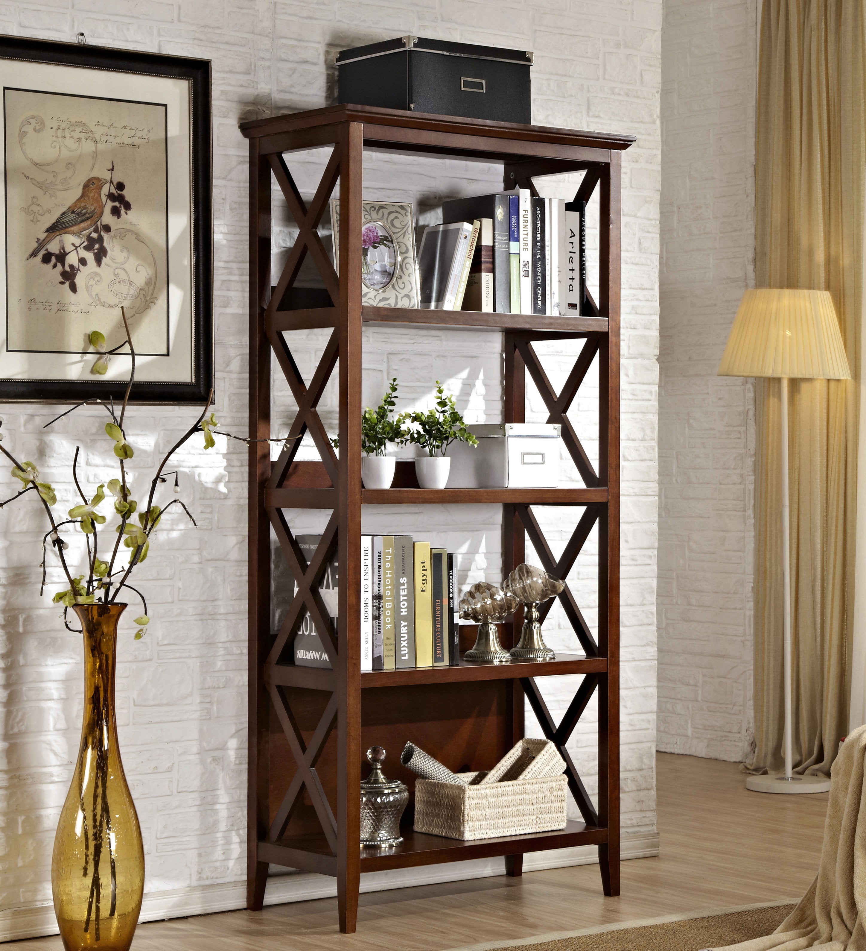 4 Tier Bookcases, 67'' Bookshelf with Sturdy Solid Frame, Shelves for Home and Office Organizer, Walnut