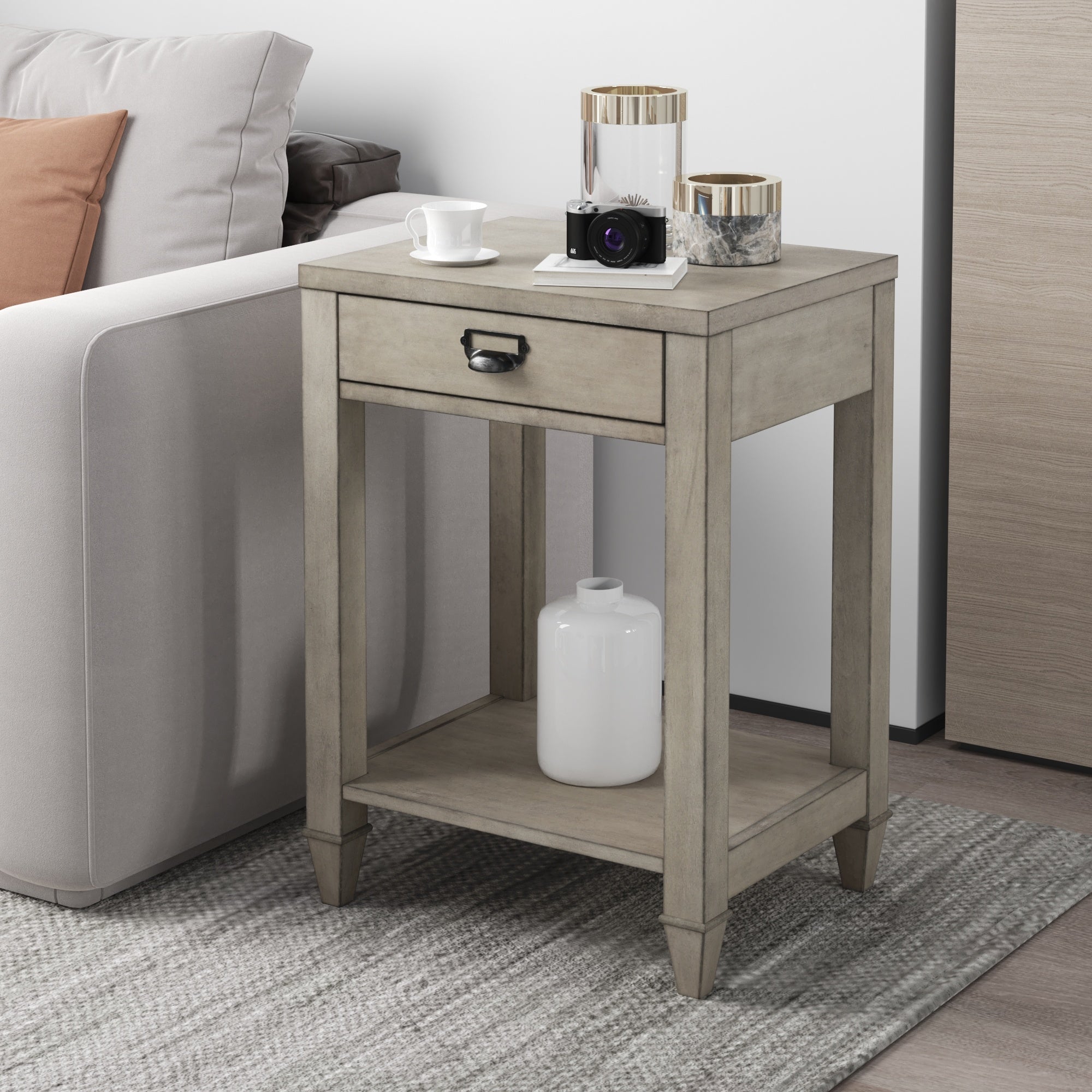 American solid wood square side table with drawer (Antique Gray)