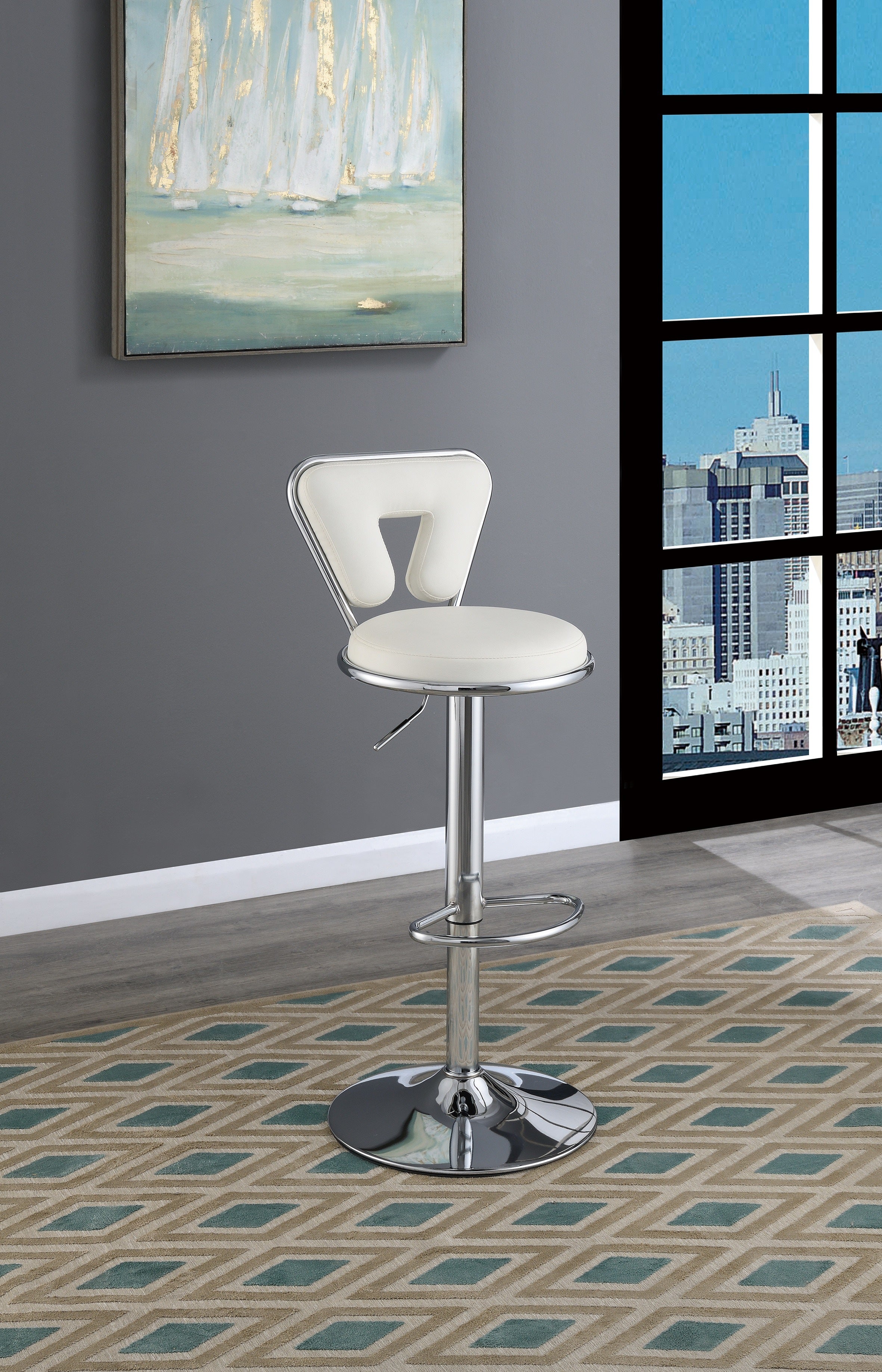 Adjustable Bar stool Gas lift Chair White Faux Leather Chrome Base metal frame Modern Stylish Set of 2 Chairs