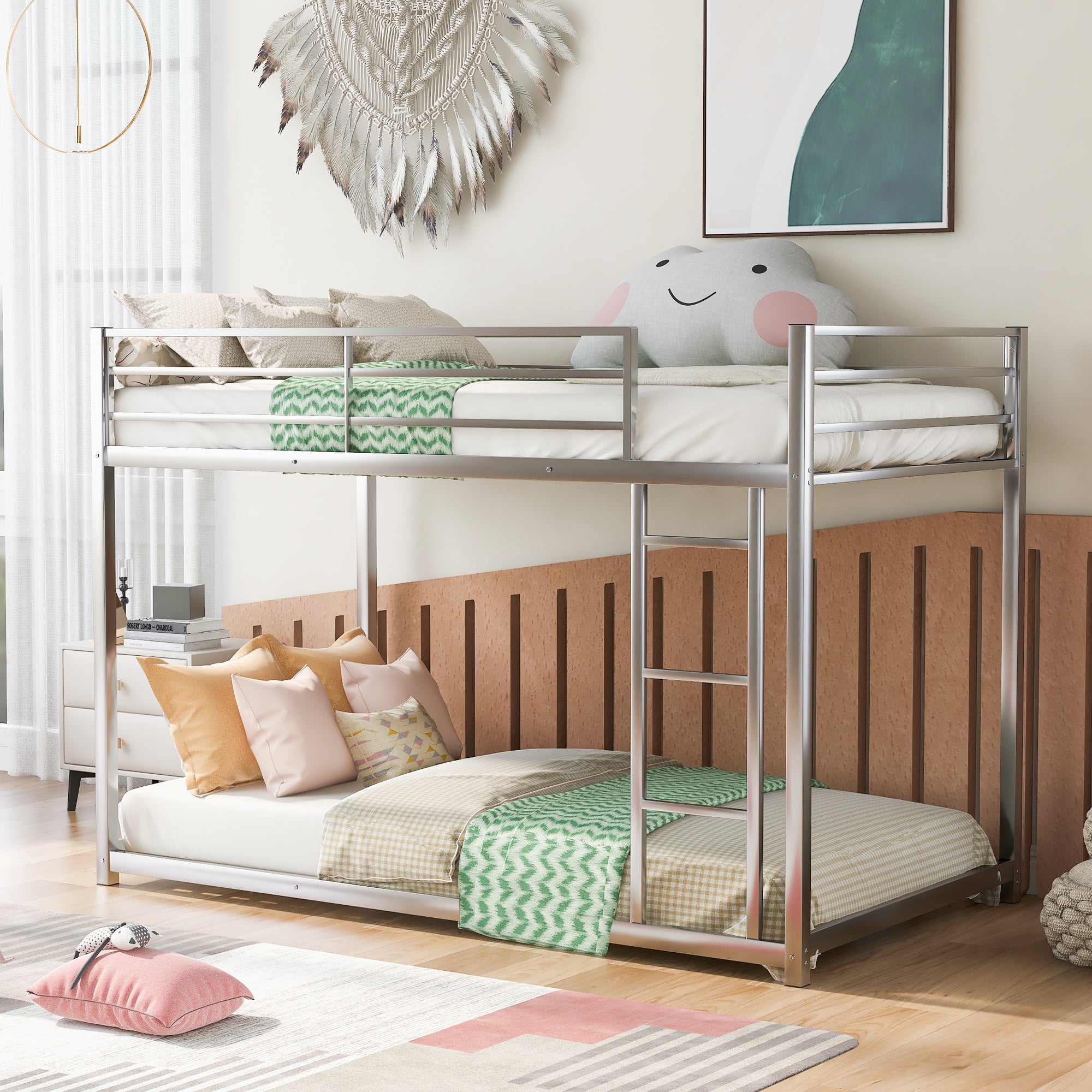 Twin over Twin Metal Bunk Bed, Low Bunk Bed with Ladder,Silver(OLD SKU:WF282465AAN)