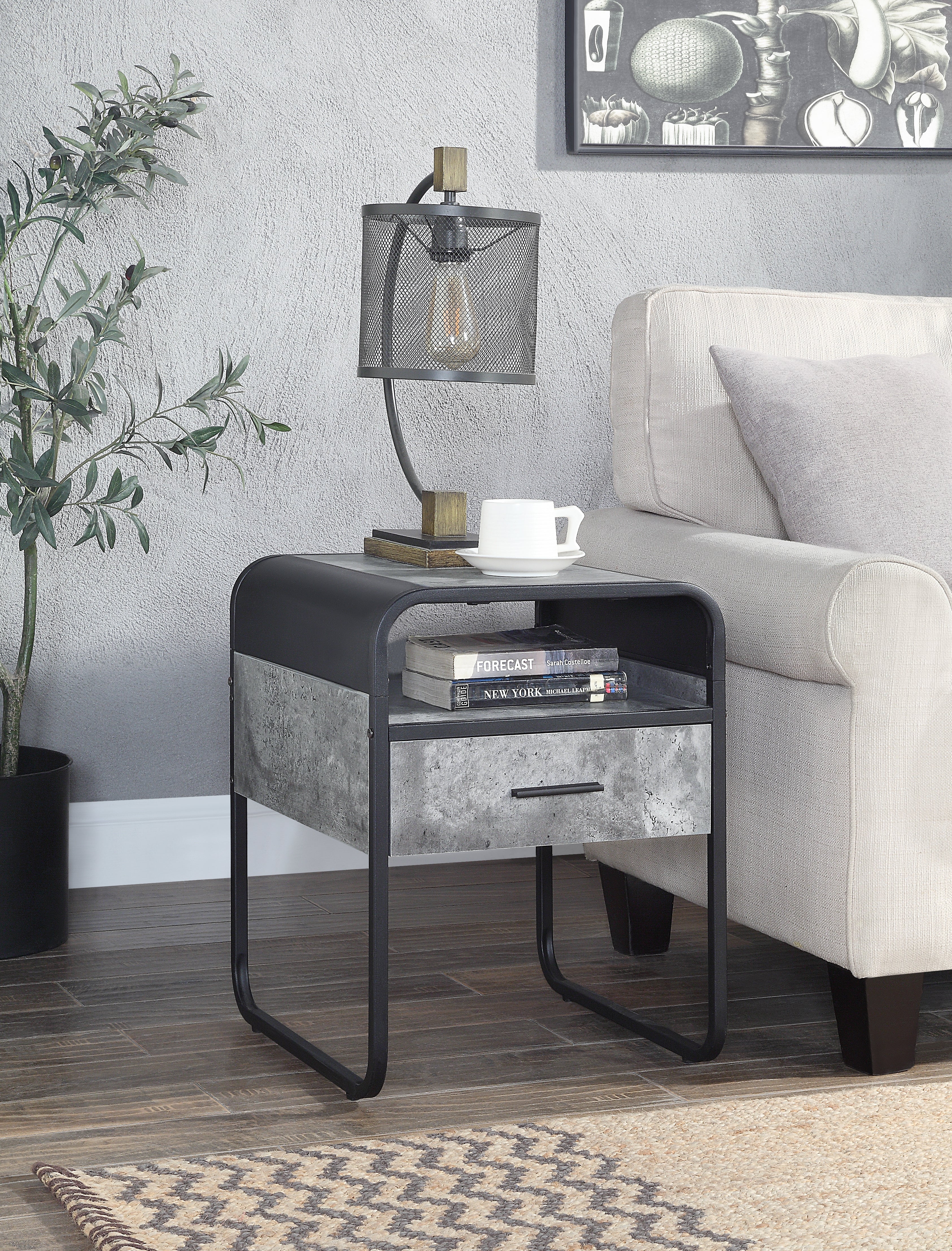 ACME Raziela End Table w/Drawer, Concrete Gray & Black Finish LV01147