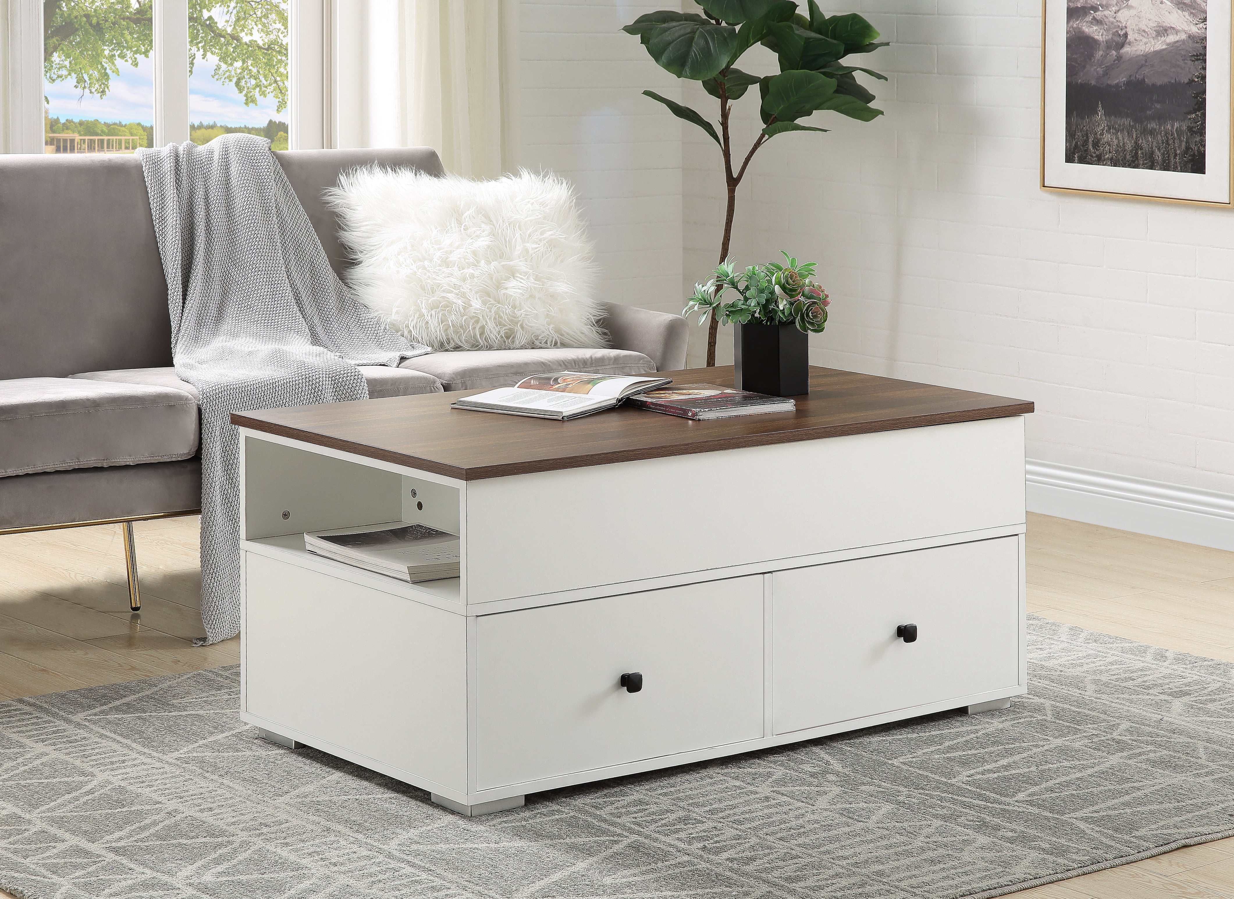 ACME Aafje Coffee Table w/Lift Top in White & Walnut Finish LV00788