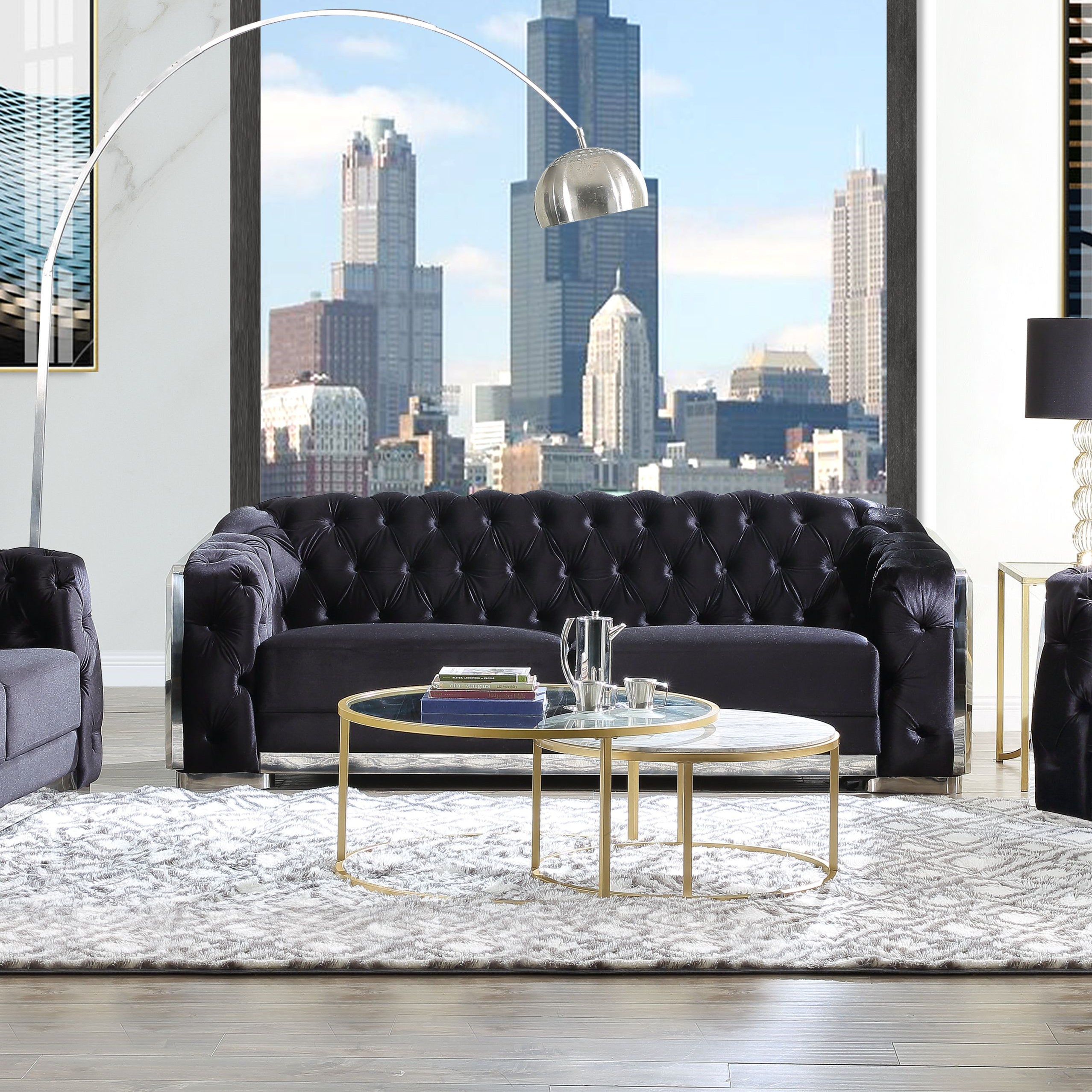 ACME Pyroden Sofa in Black Velvet & Chrome Finish LV00296