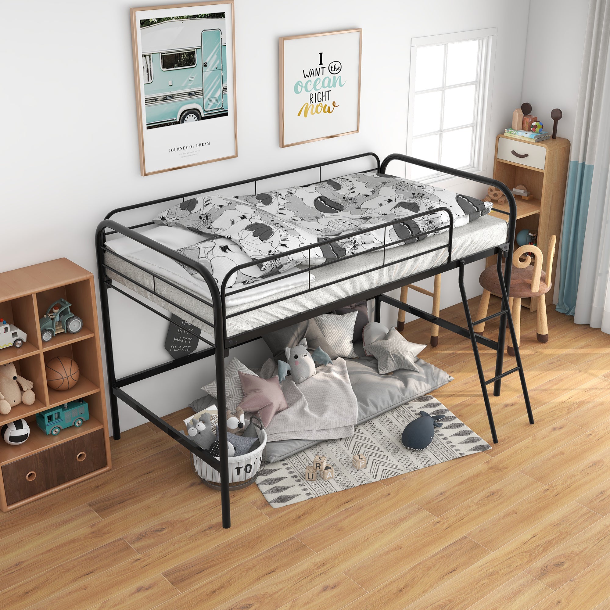 Metal Twin Loft Bed , Twin Size High Loft Bed Black