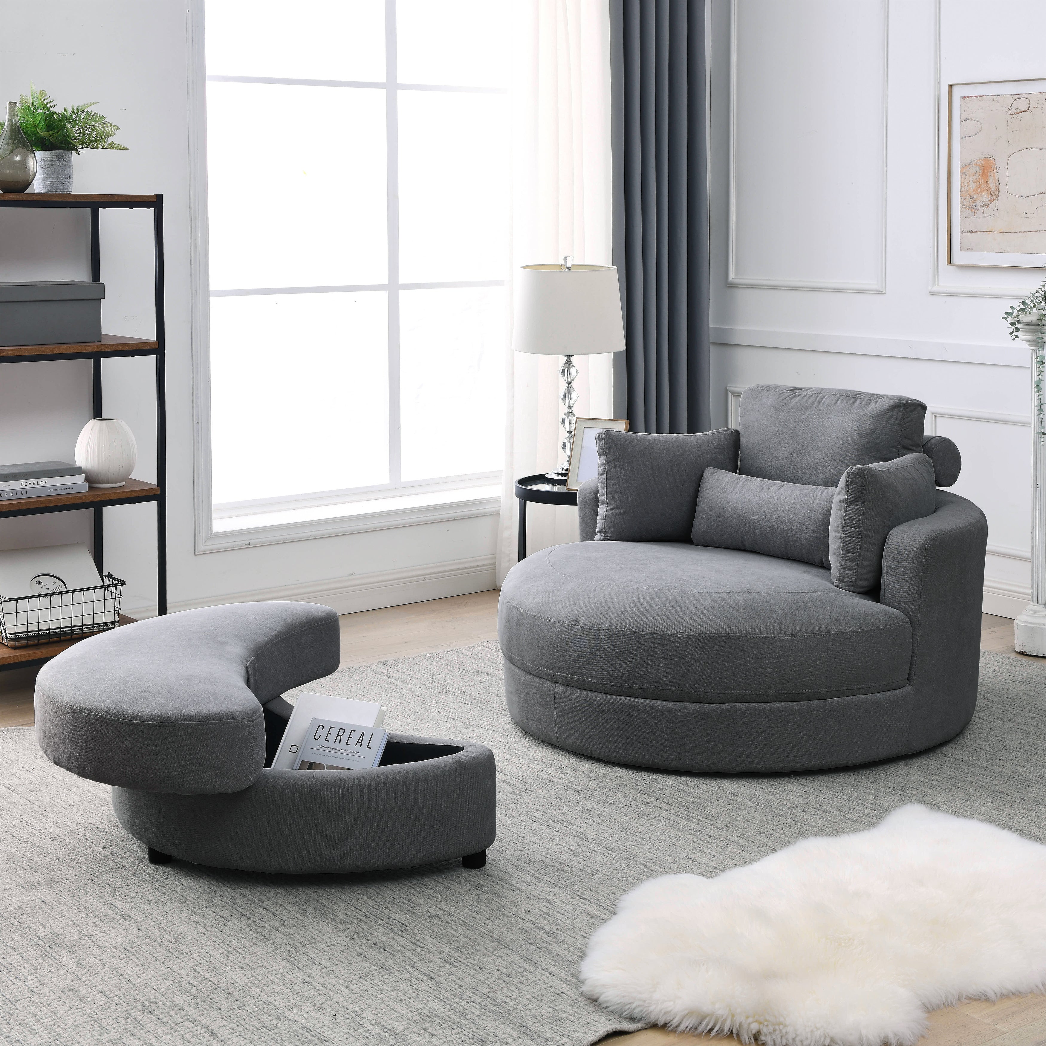 [Video] Welike Swivel Accent Barrel Modern Dark Grey Sofa Lounge Club Big Round Chair with Storage Ottoman Linen Fabric for Living Room Hotel with Pillows