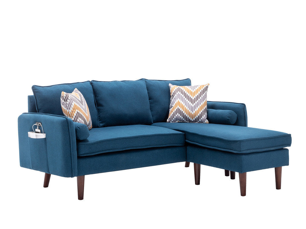 Mia 70" Blue Sectional Sofa Chaise with USB Charger & Pillows