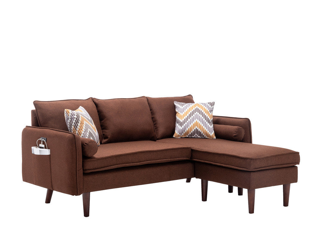 Mia 70" Brown Sectional Sofa Chaise with USB Charger & Pillows