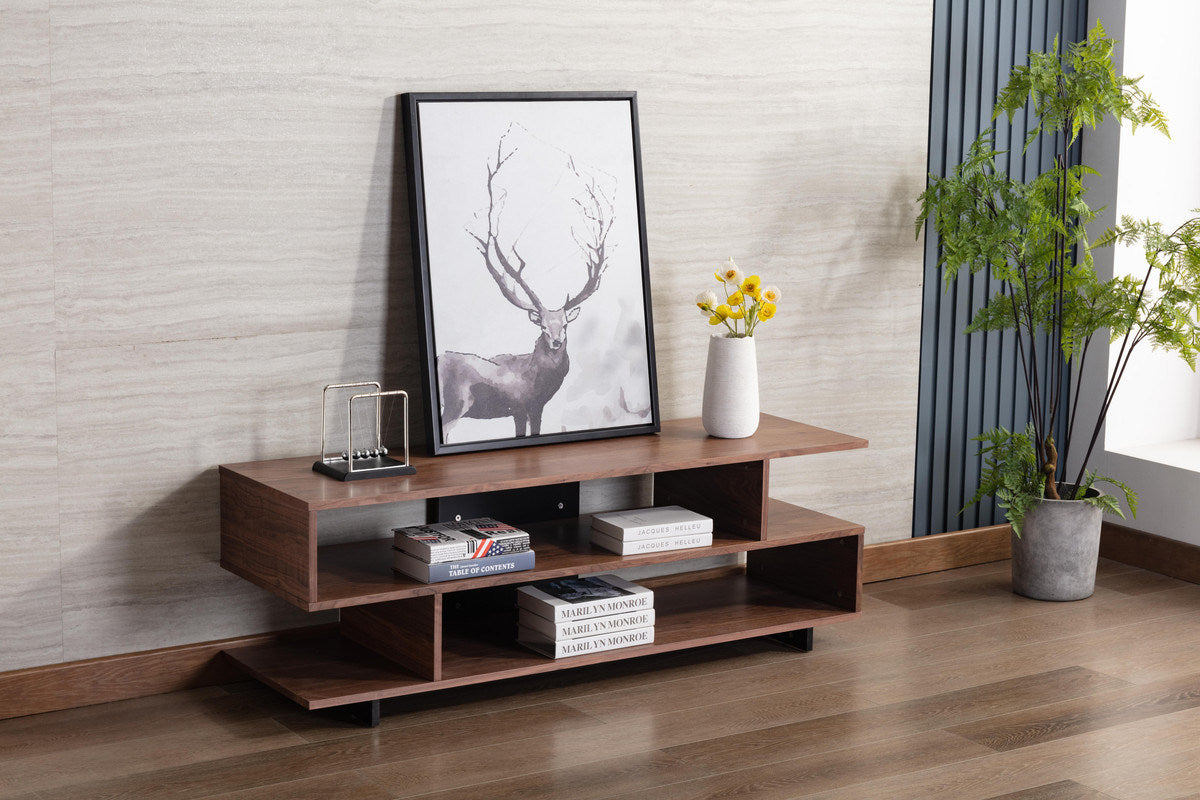 Iris 59" Brown Walnut Finish TV Stand with 2 Levels of Shelves and Black Legs