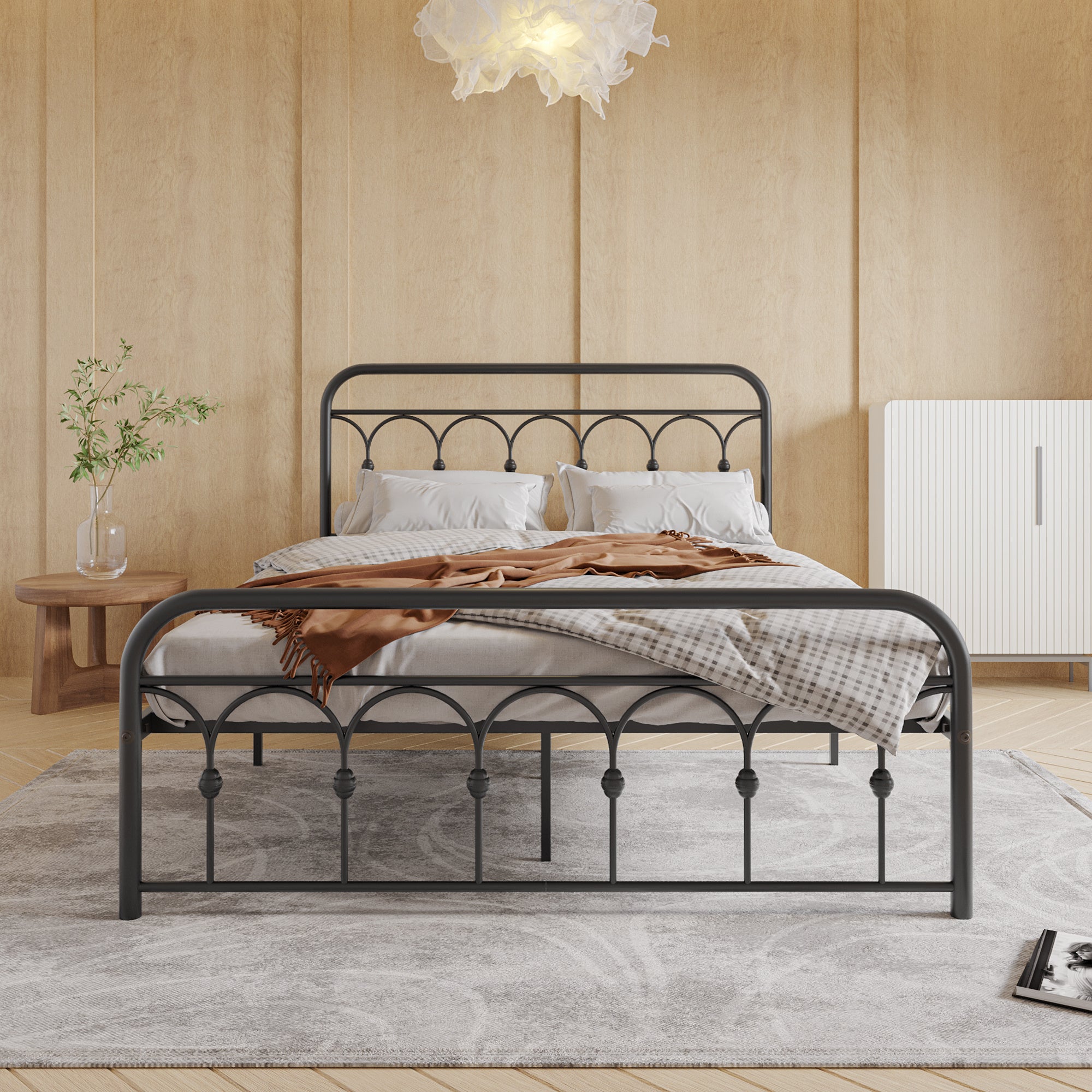 Queen Metal Bed Frame with Headboard and Footboard Platform Queen Size No Box Spring Needed 12.4" Under Bed Storage, Queen Size Black