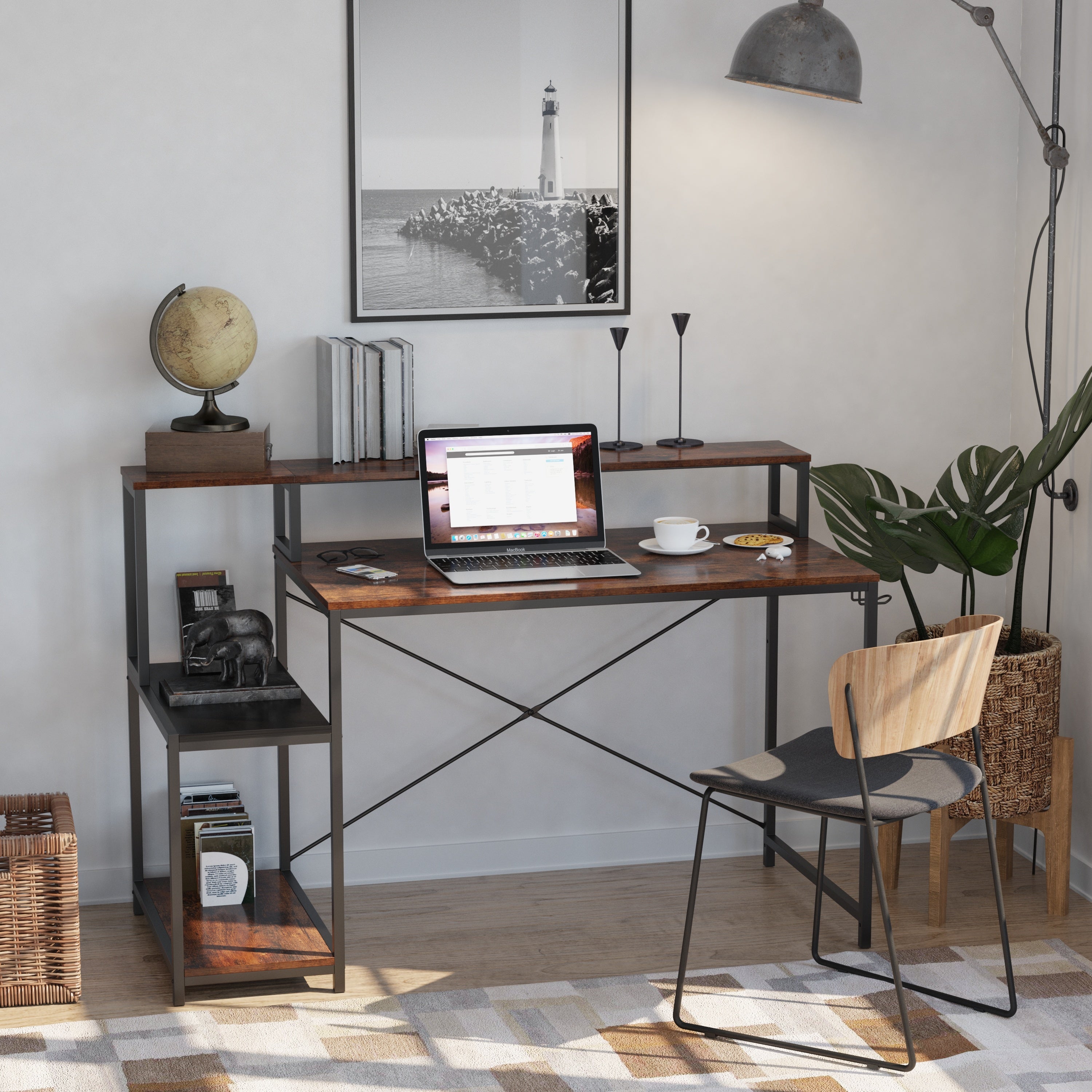 Computer Desk with Storage Shelves(Rustic Brown+Black)