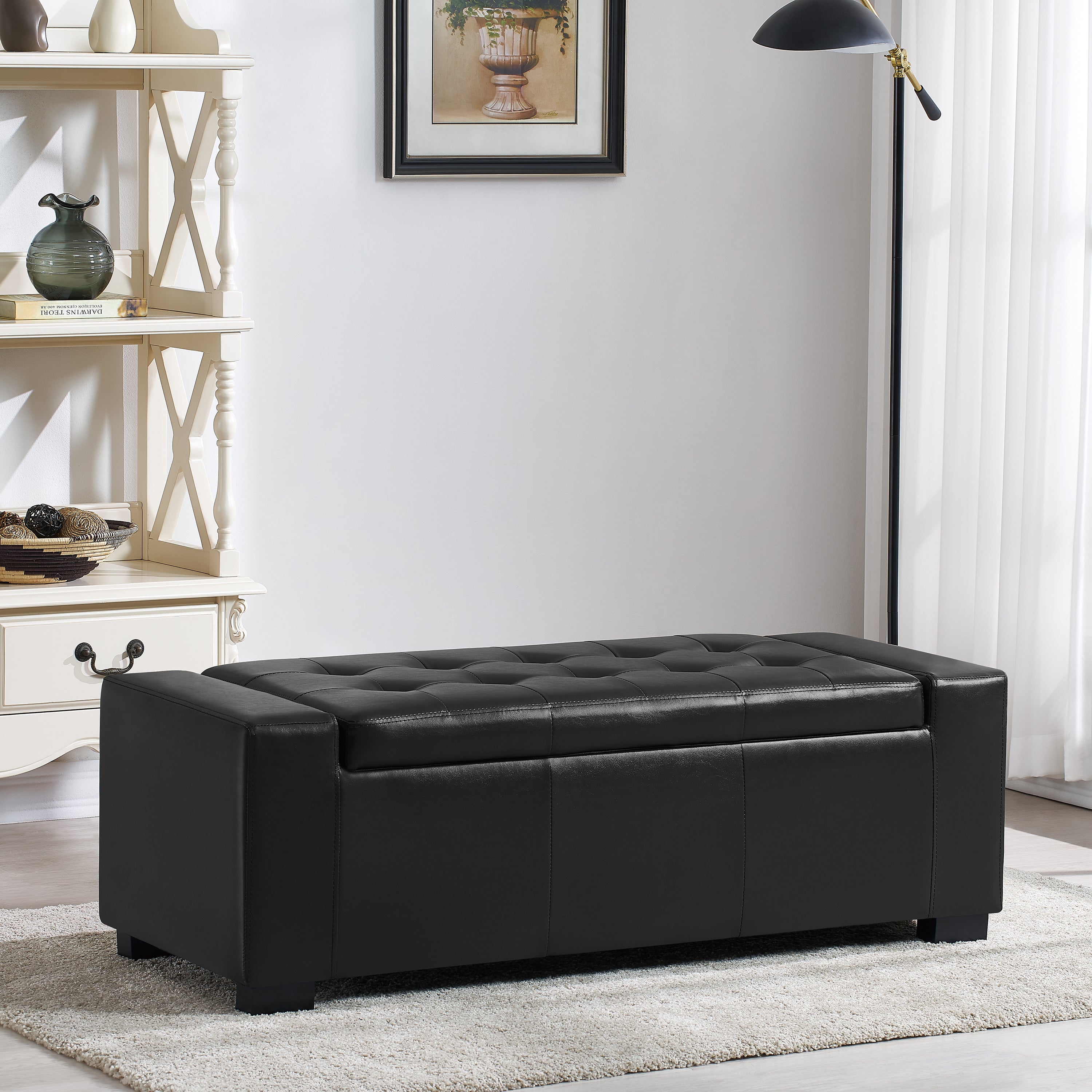 Faux Leather Upholstery Storage Ottoman Bench Black