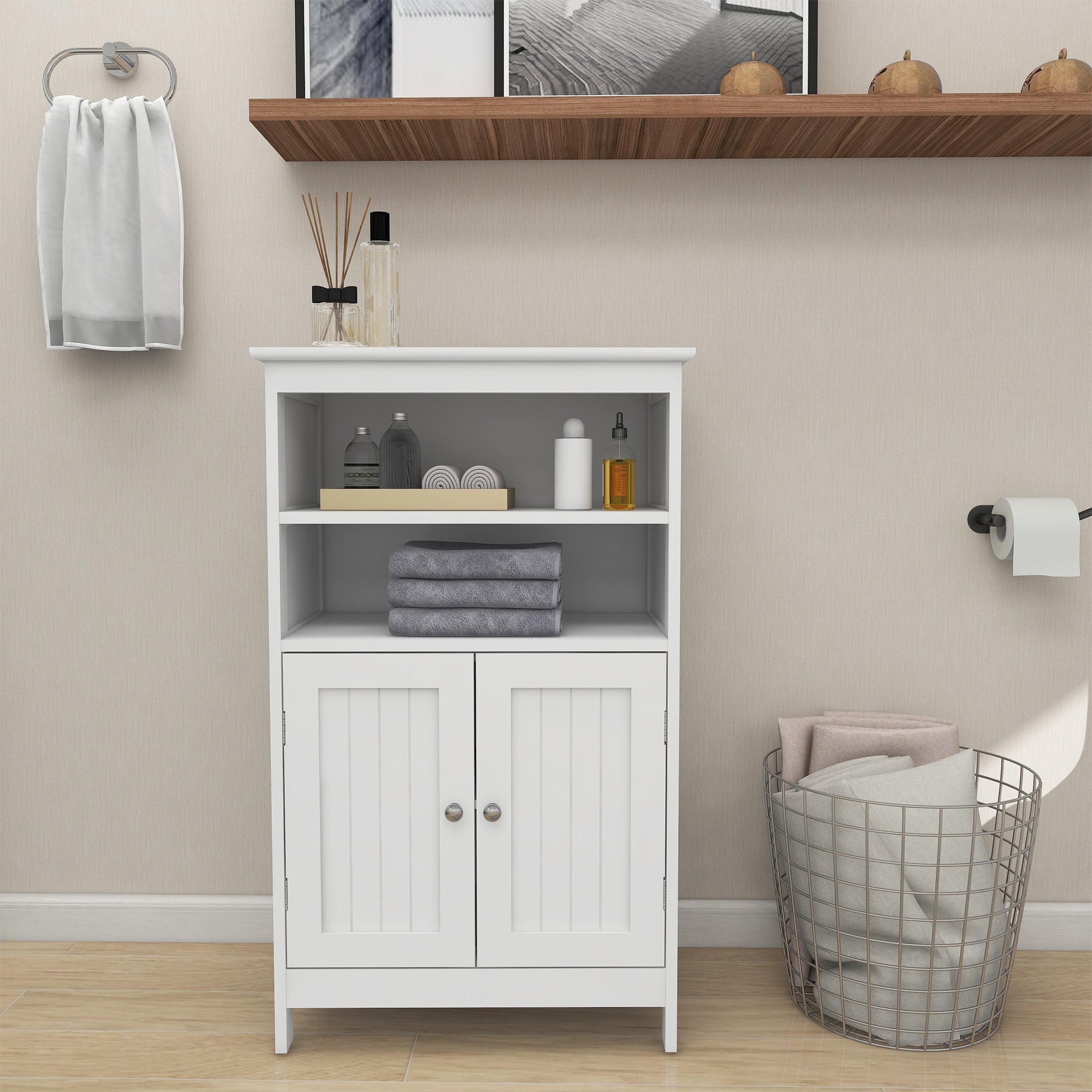 Bathroom Floor Cabinet Freestanding 2 Doors and 2 shelfs Wood Storage Organizer Cabinet for Bathroom and Living Room-White