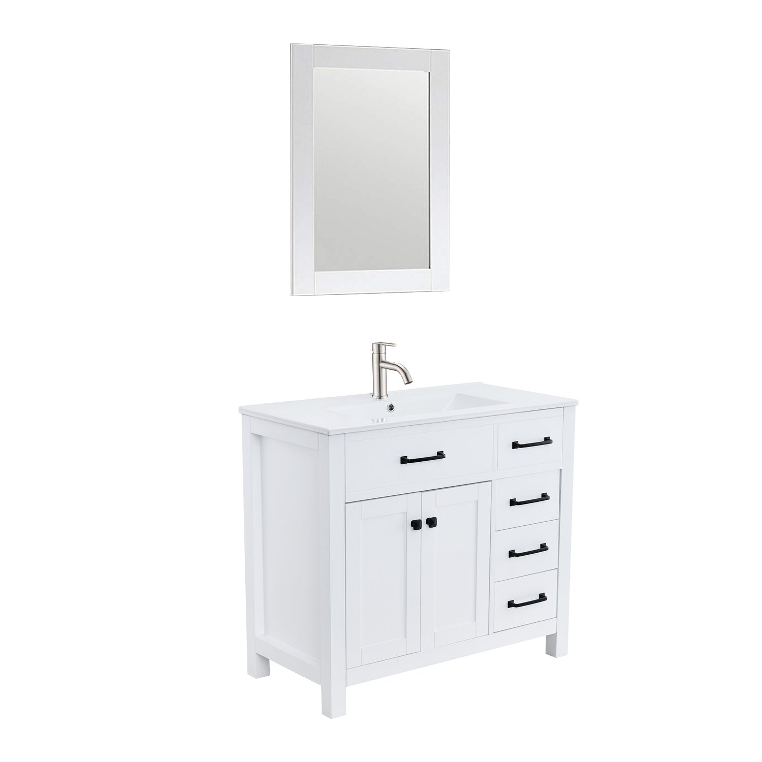 36 Inch W White Bathroom Vanity Set with Faucet and Mirror, Vanity with Multi-Functional Drawers and Doors