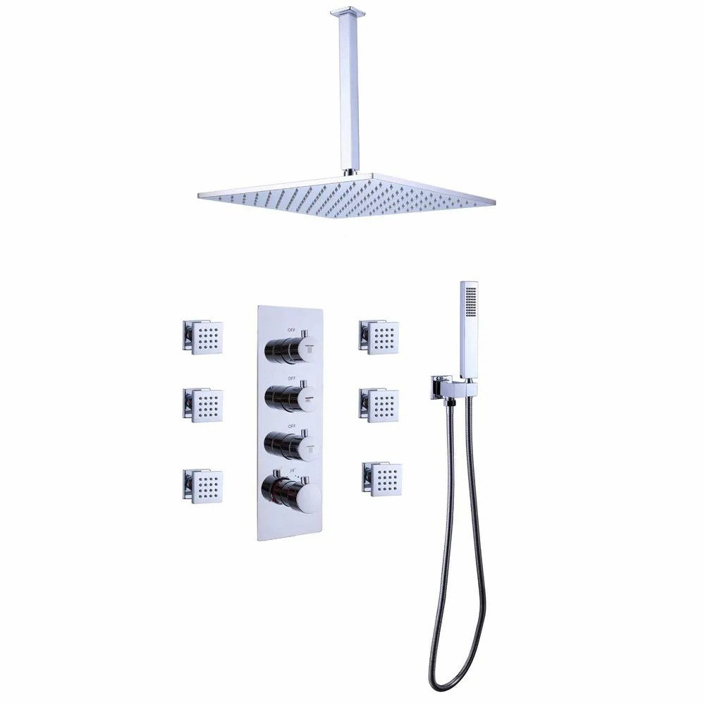 Luxury Thermostatic Mixer Shower System Rainfall with Set Shower Head and Hand shower Square Shower Head in Chrome Rough-in Valve