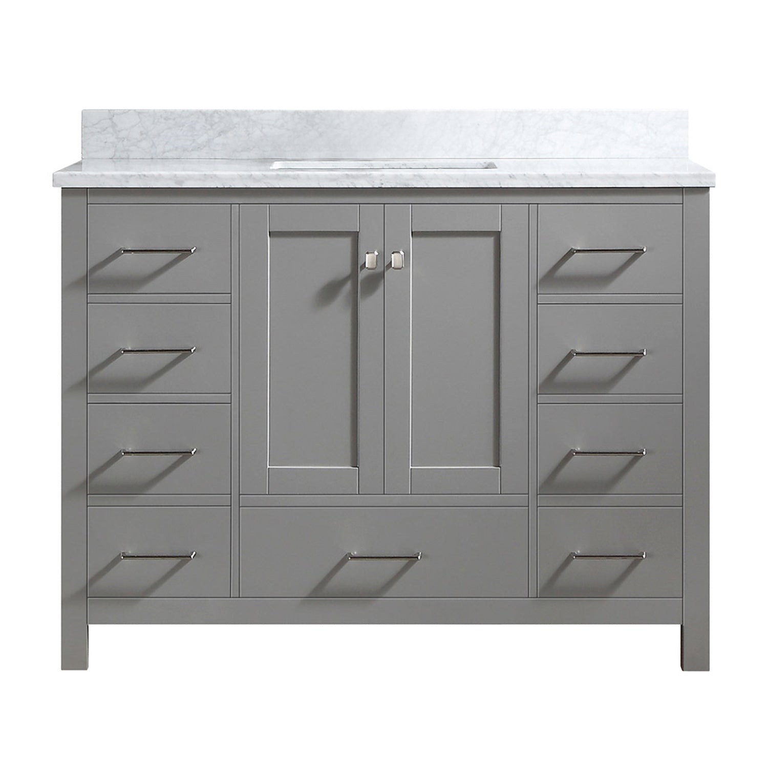 48" W Double Bathroom Vanity Cabinet with Carrara Marble Top with White Basins and Back Splash, Grey