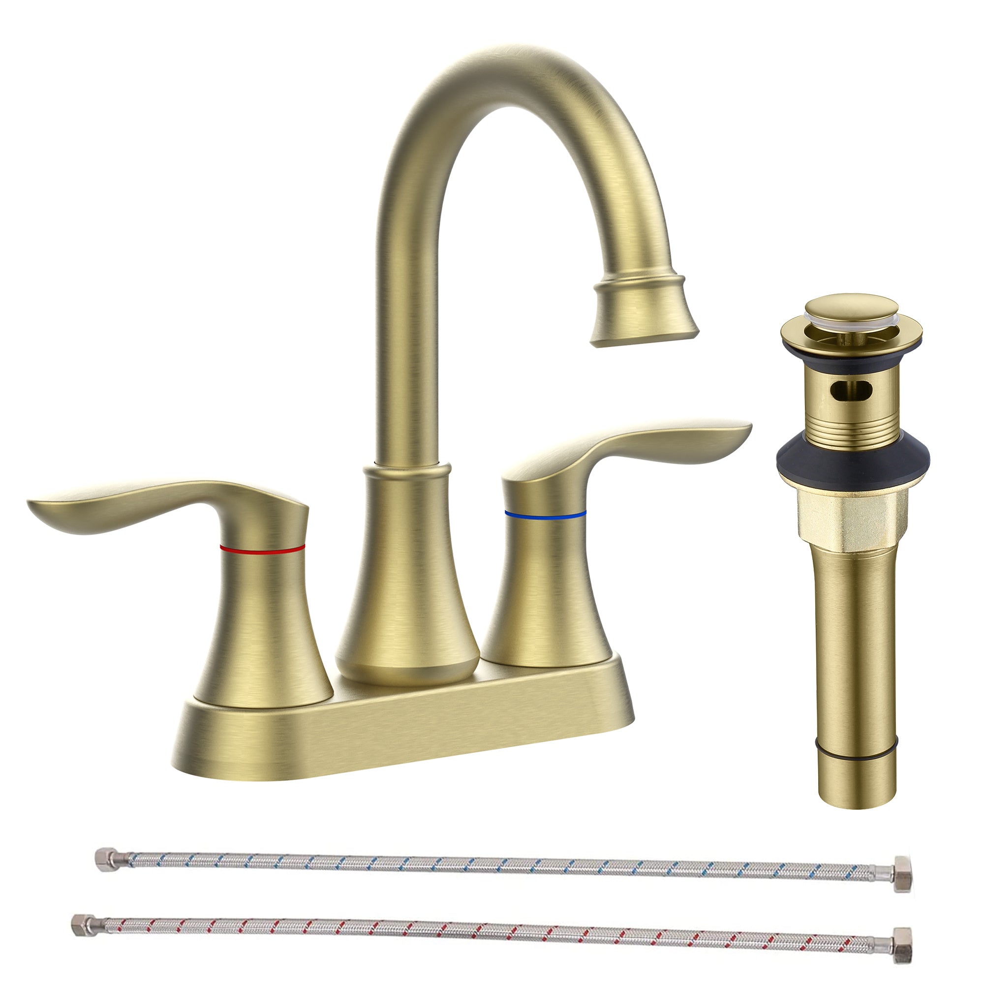 Bathroom Faucet Brushed Gold with Pop-up Drain & Supply Hoses 2-Handle 360 Degree High Arc Swivel Spout Centerset 4 Inch Vanity Sink Faucet